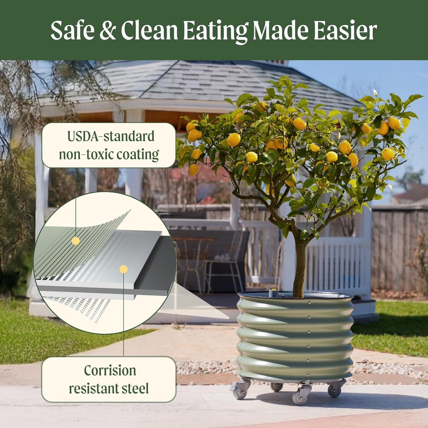 Vego garden Self-Watering Rolling Citrus Planter Raised Garden Bed Kits, Single Pack-Olive Green