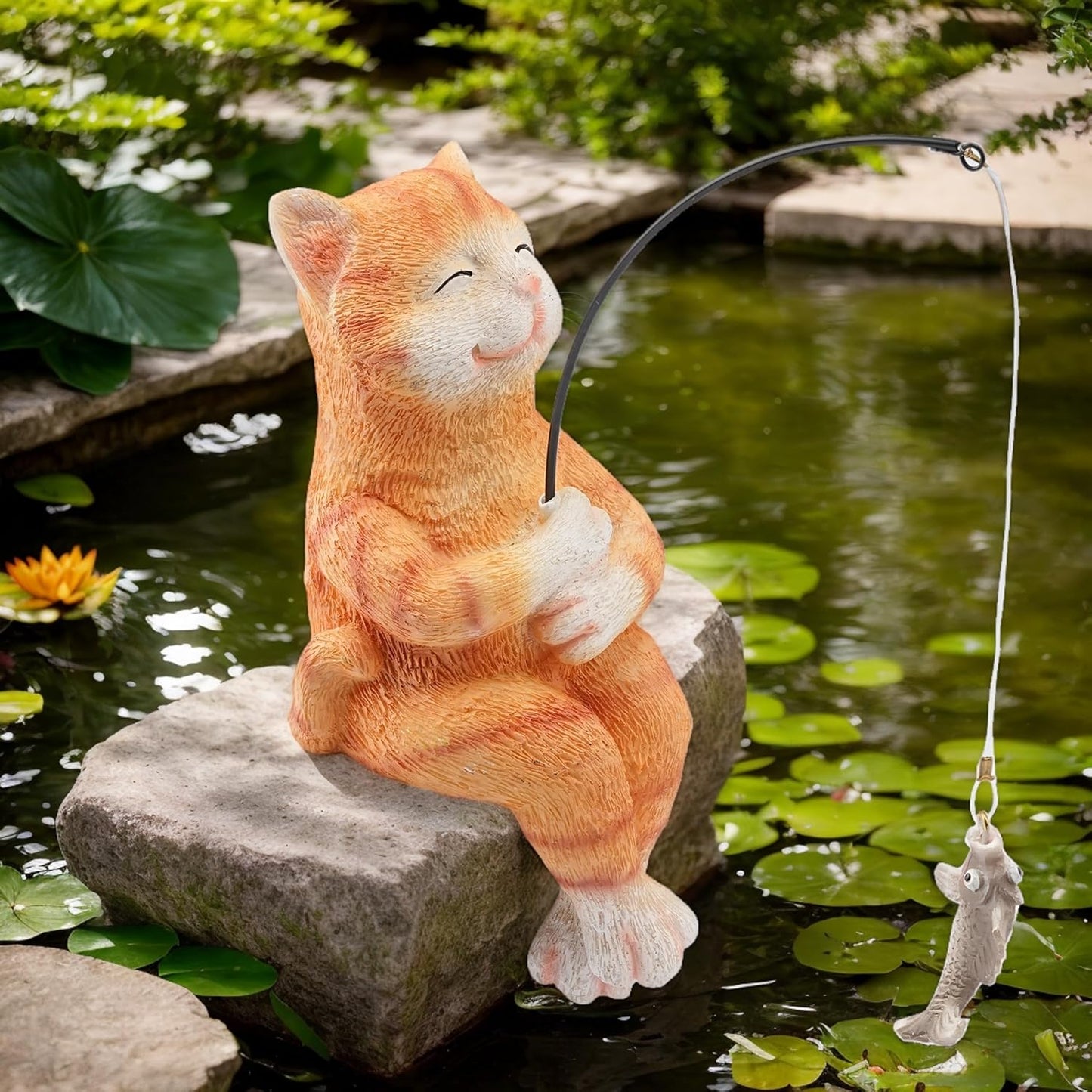 9.5“ Cat Fishing Garden Sculptures & Statues, Stone Look Fishing, Whimsical Lawn Yard Art, Funny Garden Pond Fisherman, Resin Animal Decor, Cat Lover Ornament, Cute Outdoor Statue