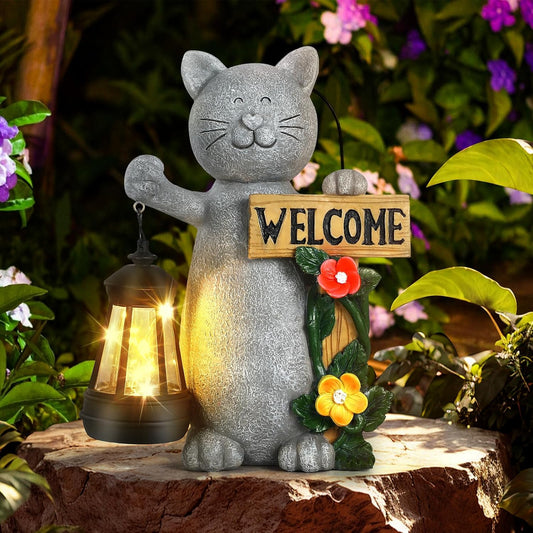 Json Garden Statue Solar Cat Figurine with Lantern, Solar Garden Decorations Statues for Patio, Balcony, Yard Ornament, Unique House Warming Gifts Figurine Lights, Gifts for Women, Mom