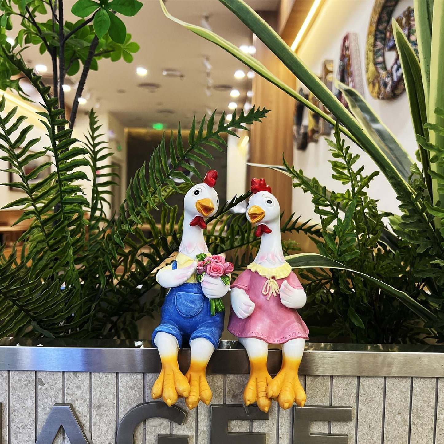 Handside Couple Duck Garden Statues Cartoon Resin Cute Sitting Chicken Sculpture Goose Lovers Figurine Gift Decorations for Yard Home Patio and Office and Wedding (Chicken)