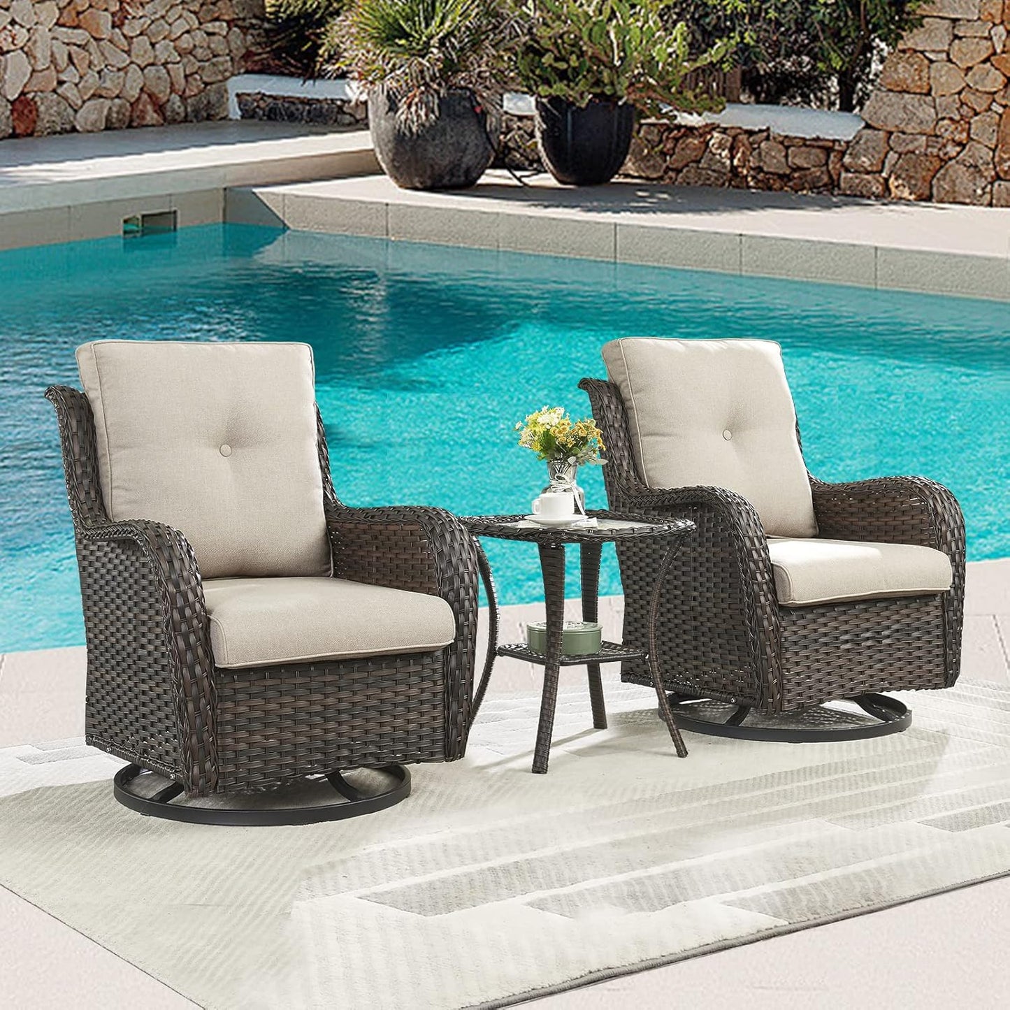 Outdoor Patio Swivel Rocker Chairs - 3 Piece Patio Bistro Set,Wicker Patio Furniture Set with 2 Swivel Rocking Chairs and 1 Glass Top Side Table for Deck Porch Garden,Brown/Beige