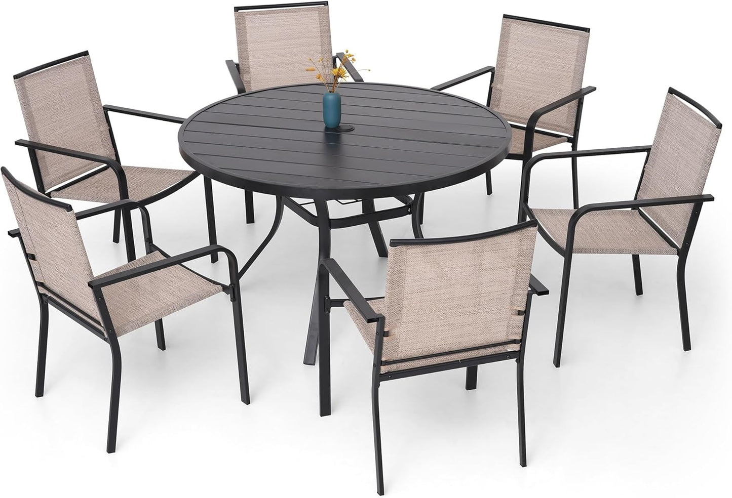 7-Piece Outdoor Dining Set, 48'' Round Table with 6 Stackable Chairs All Weather Furniture Set - Beige Grey