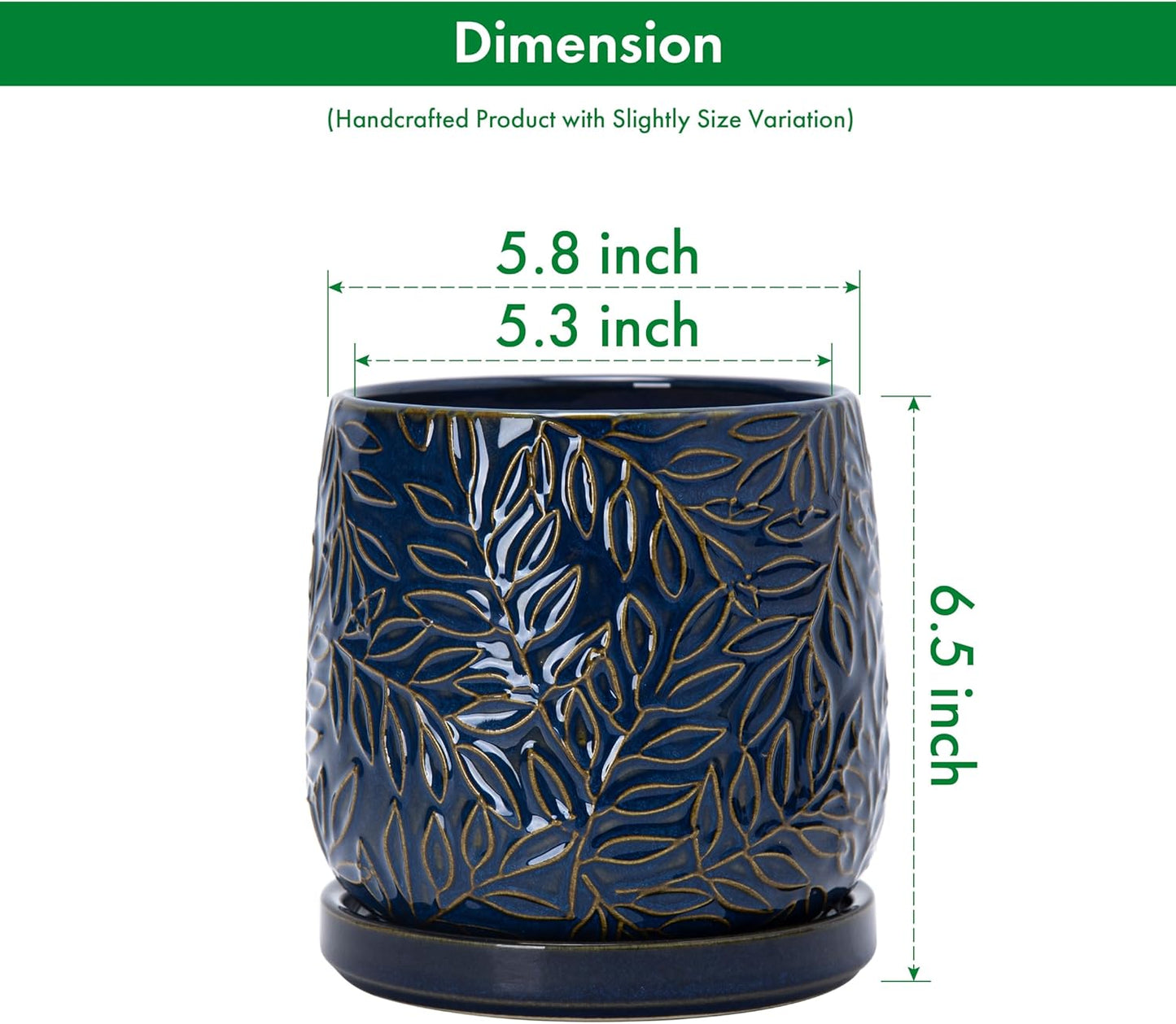 D'vine Dev 6 Inch Embossed Leaves Stoneware Planter Pot with Drainage Hole and Saucer, Midnight Blue, Set of 2, 27-F-X-3