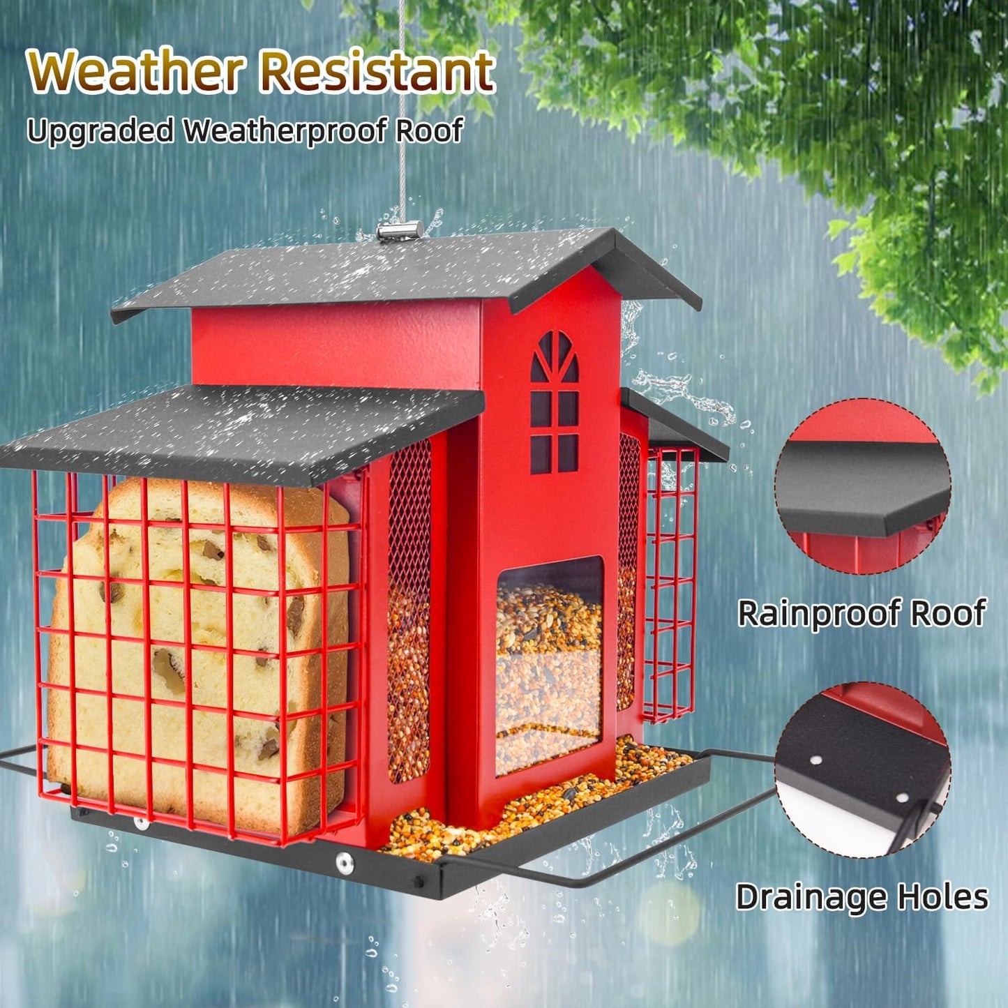 Large Bird Feeders for Outdoors Hanging,Metal Bird Feeder with Double Suet Cage Cake,Sturdy & Weatherproof,Easy to Clean & Refill,4.6Lbs Large Capacity, Great for Attracting Wild Birds,Red