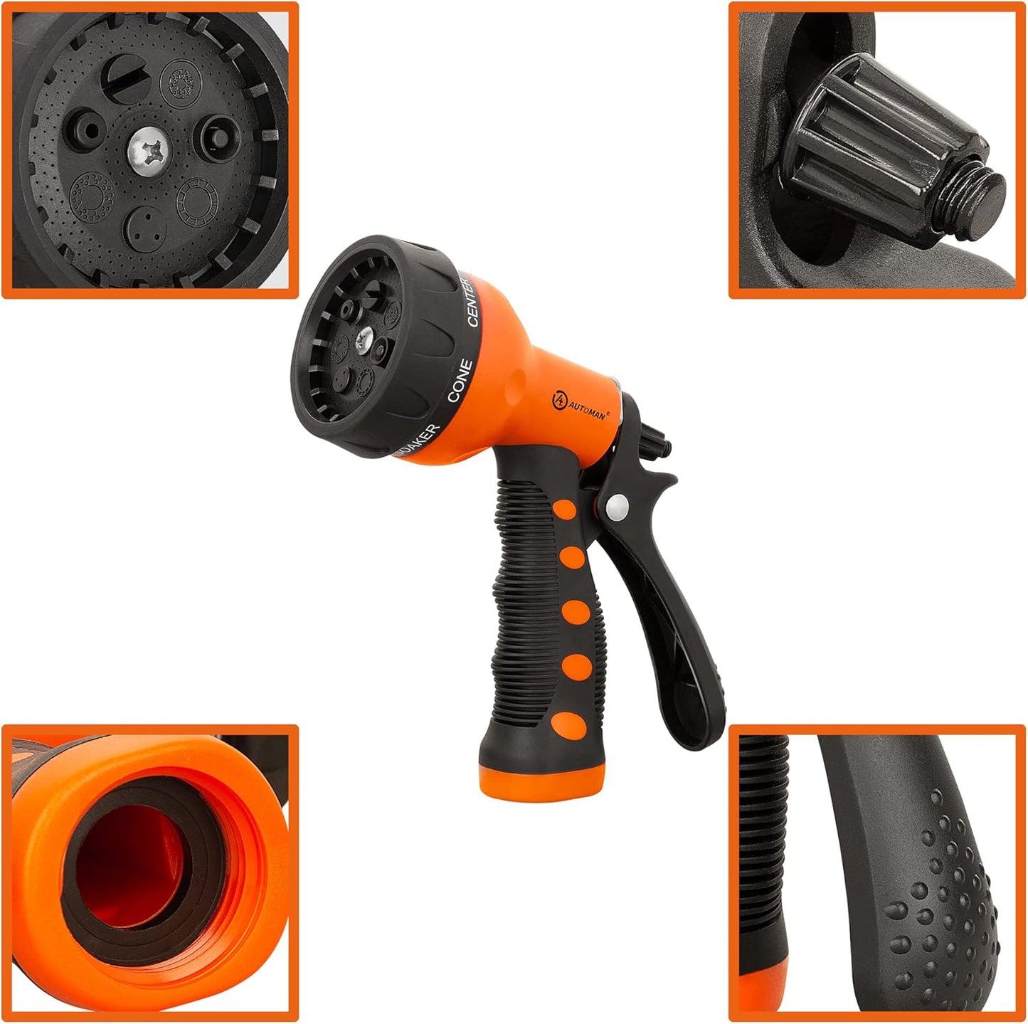 AUTOMAN-Garden-Hose-Nozzle,ABS Water Spray Nozzle with Heavy Duty 7 Adjustable Watering Patterns,Slip Resistant for Watering Plants,Lawn& Garden,Washing Cars,Cleaning,Showering Pets - Orange