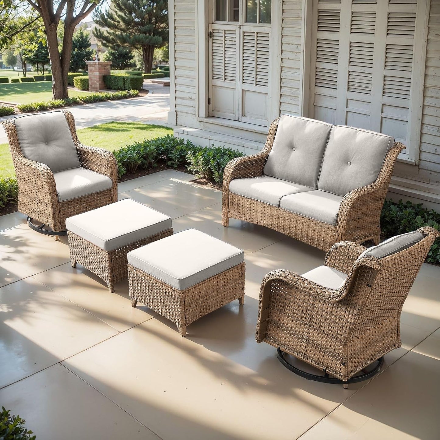 Outdoor Wicker Patio Furniture Set - 5 Piece Rattan Patio Conversation Set with 2 Rocking Swivel Chairs,2 Ottomans and 1 Loveseat for Porch Deck Backyard Garden(Yellow/Beige)