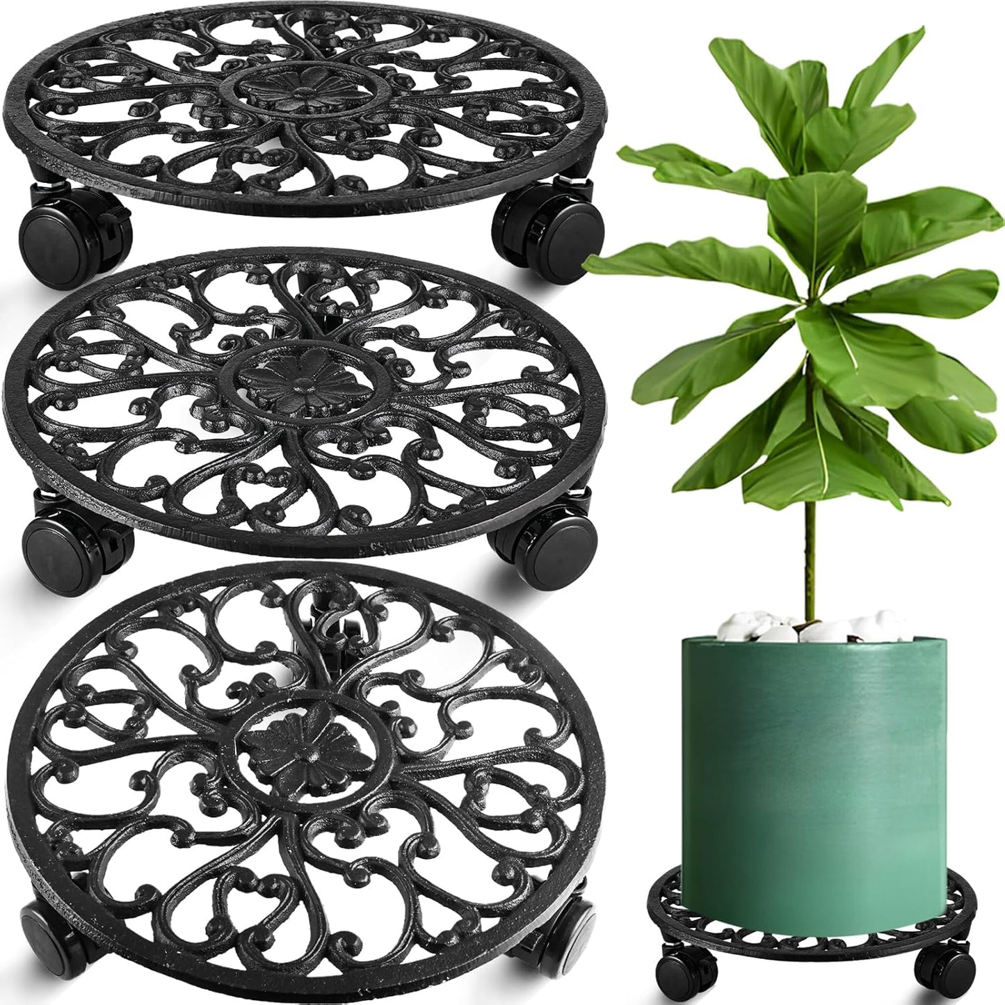 3 Packs 11 Inch Rolling Plant Stand with Wheels Wrought Iron Rolling Plant Stand with Casters Heavy Duty for Indoor Plants Rollers, Metal Round Plant Dolly
