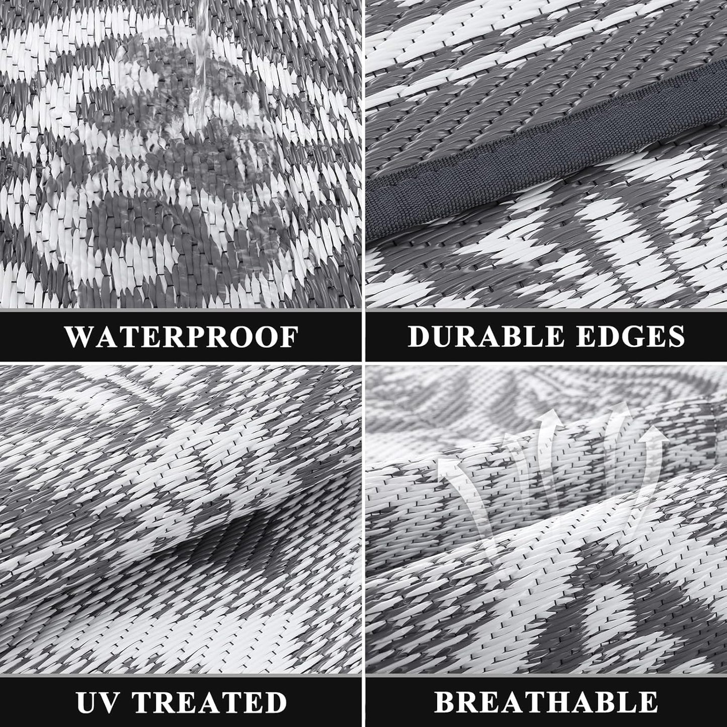 Pauwer Reversible Outdoor Rug, 6'x9', Waterproof, Polypropylene, Clover Grey, Area Rug for Patio, RV, Camping, Picnic, Backyard, Deck, Balcony, Porch