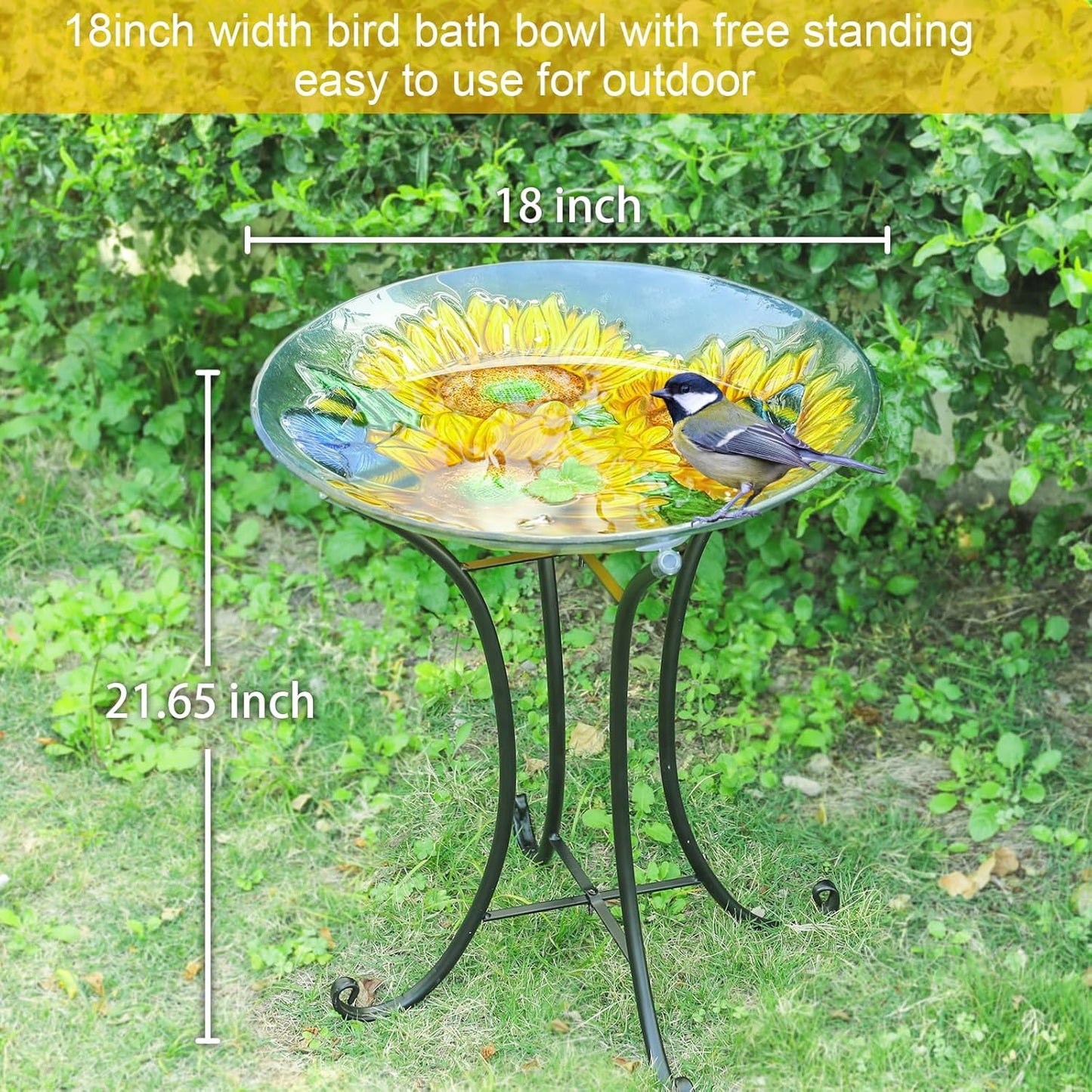 MUMTOP Outdoor Glass Birdbath with Metal Stand for Outside Lawn Yard Garden Sunflower Decor,18” Dia/21.65 Height