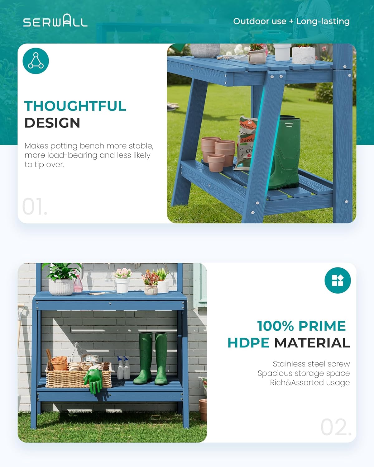 SERWALL Potting Bench Outdoor with Storage, 3-Tier HDPE Gardening Table with Angled Legs & Tool Hooks, All-Weather Heavy Duty Potting Table for Patio, Backyard, Garden, Blue