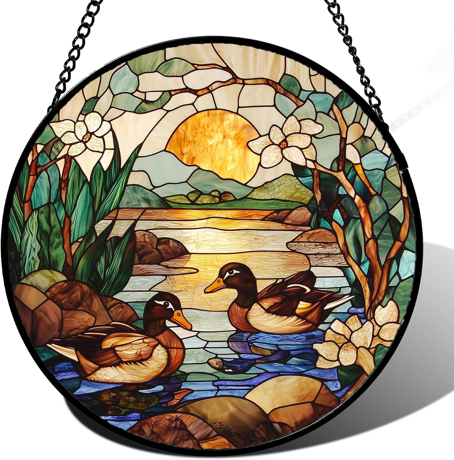 Stained Glass Window Hanging, Ducks in The Pond Sun Catcher for Door Home Decor Landscape Plant Suncatcher Christmas Mother's Day Birthday Gifts for Women Men Mom Nana 11.8 in