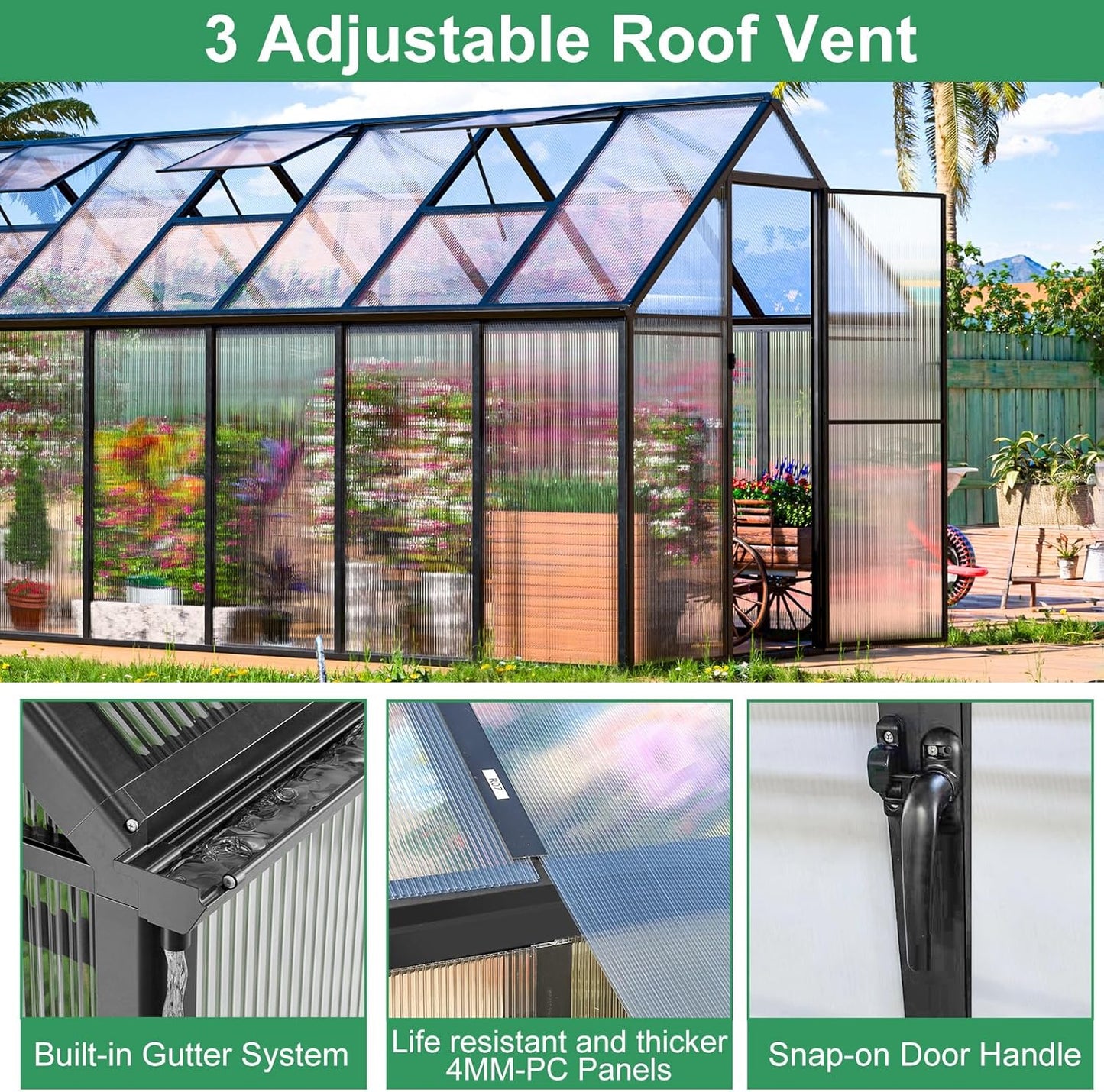 CDCASA 16x6 FT Greenhouse for Outdoors, Easy Assembly Large Aluminum Heavy Duty Polycarbonate Greenhouses Kit w/2 Window, Swing Door, Walk-in Green House for Outsides, Sunroom, Backyard, Garden