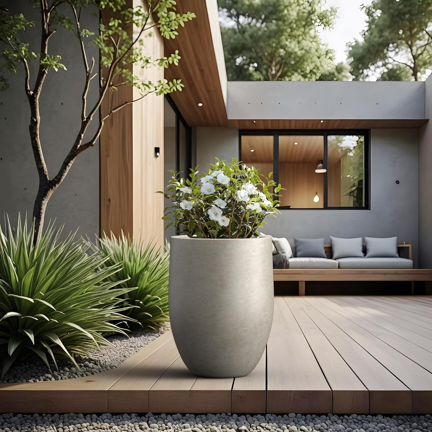 Kante 21.7" H Stone Gray Concrete Tall Planter, Large Decorative Garden Pot with Drainage Hole and Rubber Plug for Outdoor Indoor Plants, Modern Round Style for Home and Garden