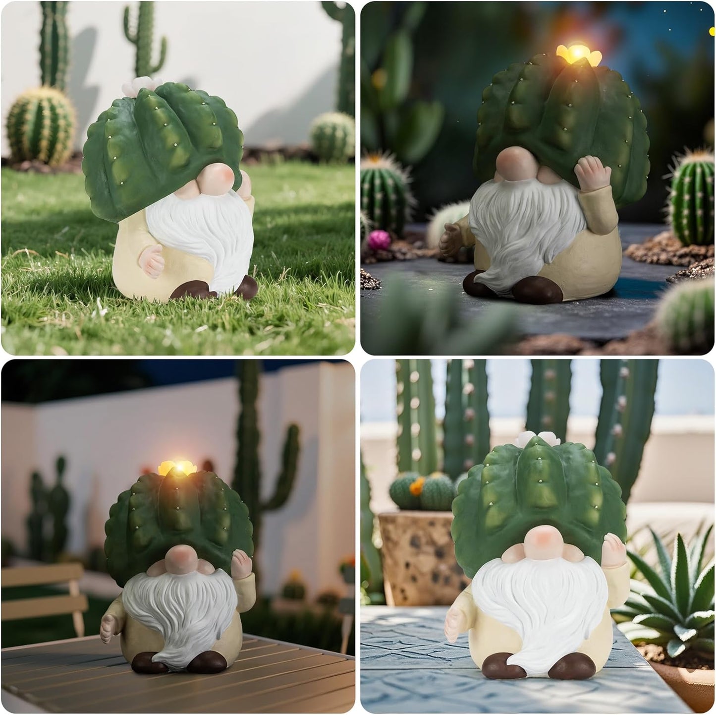 Solar Cactus Gnome Statue Garden Decor Light - Outdoor Decorative LED Flower, Suitable for Patio, Lawnand Garden Decorations, Gifts for Mom