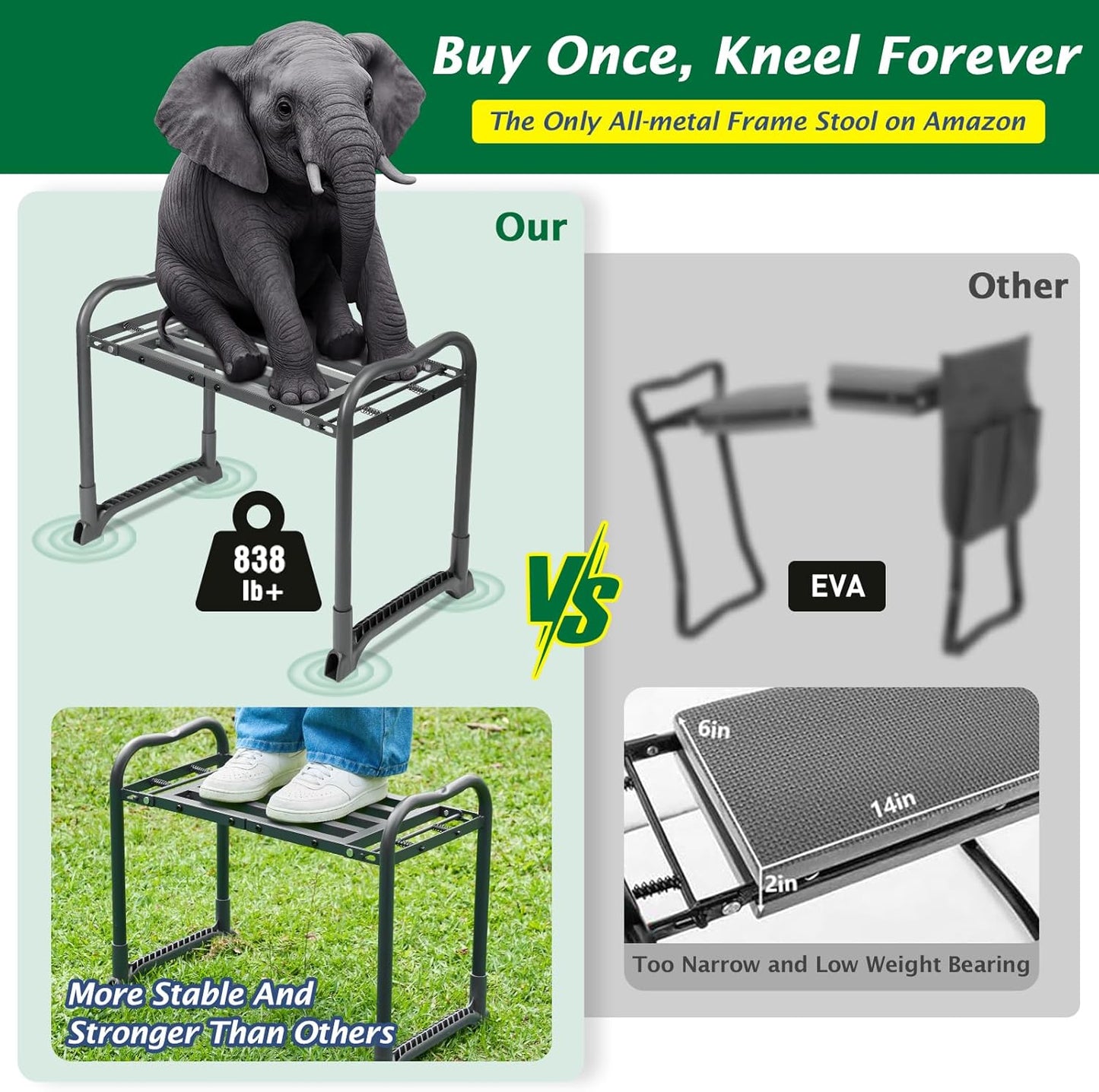 ikkle 838LB+ Capacity Garden Kneeler and Seat - Ultra Heavy Duty Stool Bench with Thick Soft Pad, Gift for Gardeners