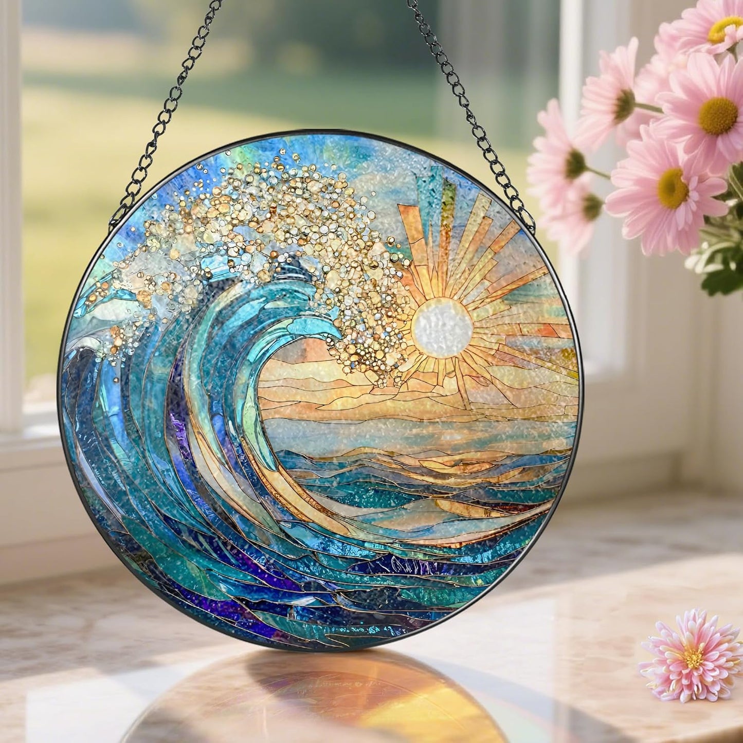 Sea Wave Stained Glass Suncatcher, 8 Inch Ocean Suncatchers for Window Hanging, Beach Lover Gifts, Beach Decor, Coastal Suncatcher, Gifts for Friends, Couples, Family, Colleagues