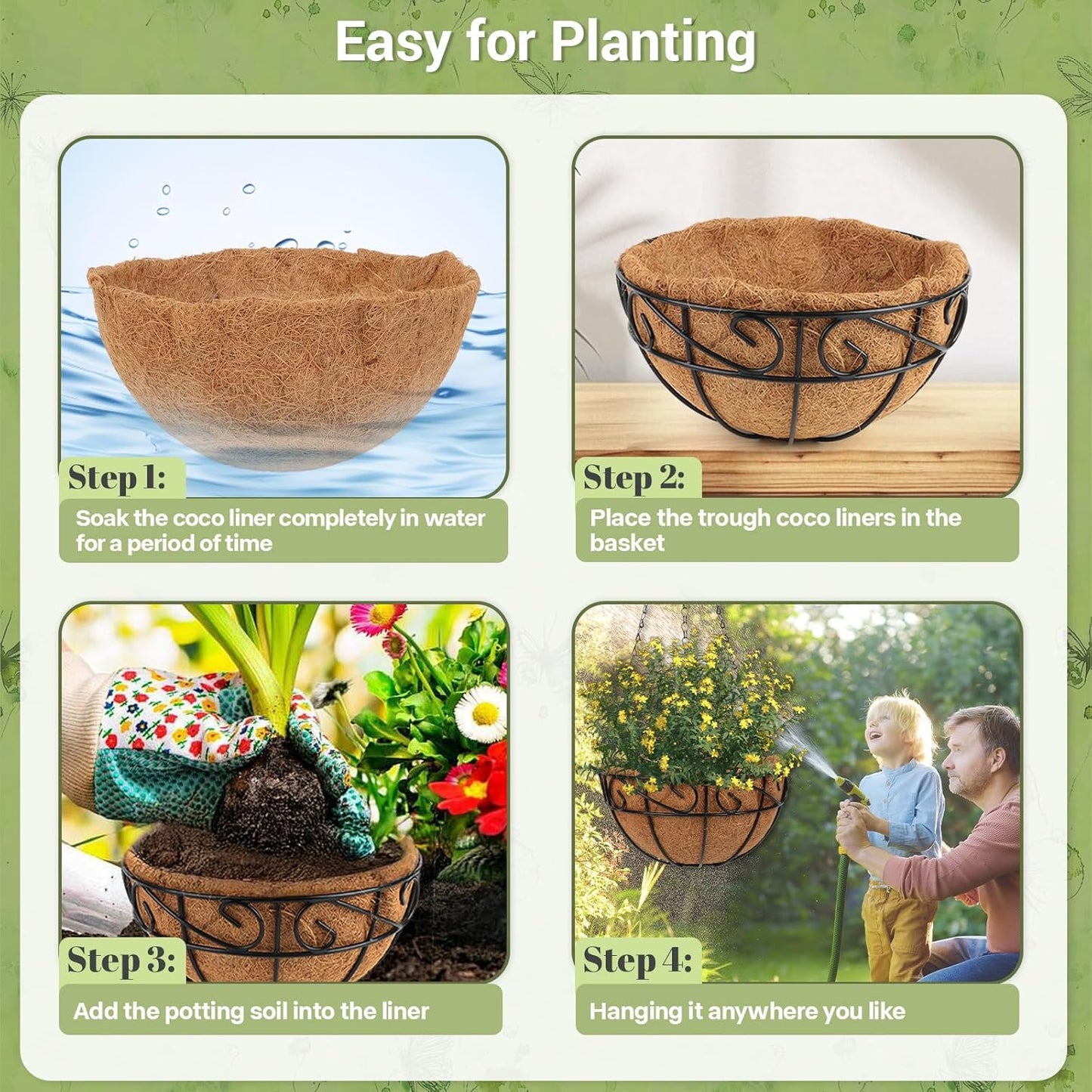 2 Pack 12 inch Metal Hanging Baskets for Plants Outdoor, Hanging Planters Basket with Coco Liners, Hanging Baskets Flower Pots for Garden, Patio, Deck, Porch Plants