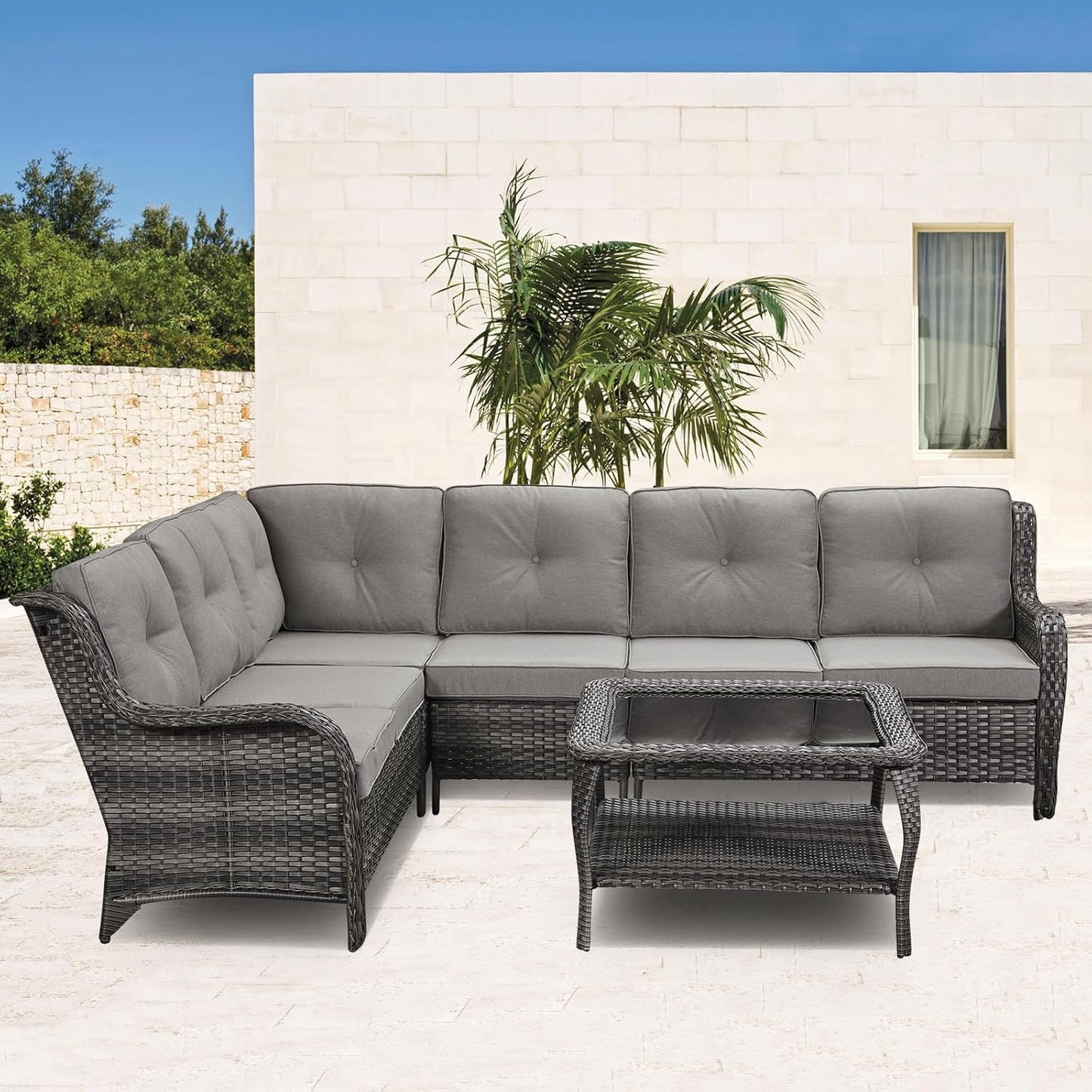 Patio Tables Outdoor Coffee Table - Wicker Rattan Coffee Tables with 2-Tier Storage Shelf Glass Top for Proch Deck Balcony Garden Squre Mixed Grey