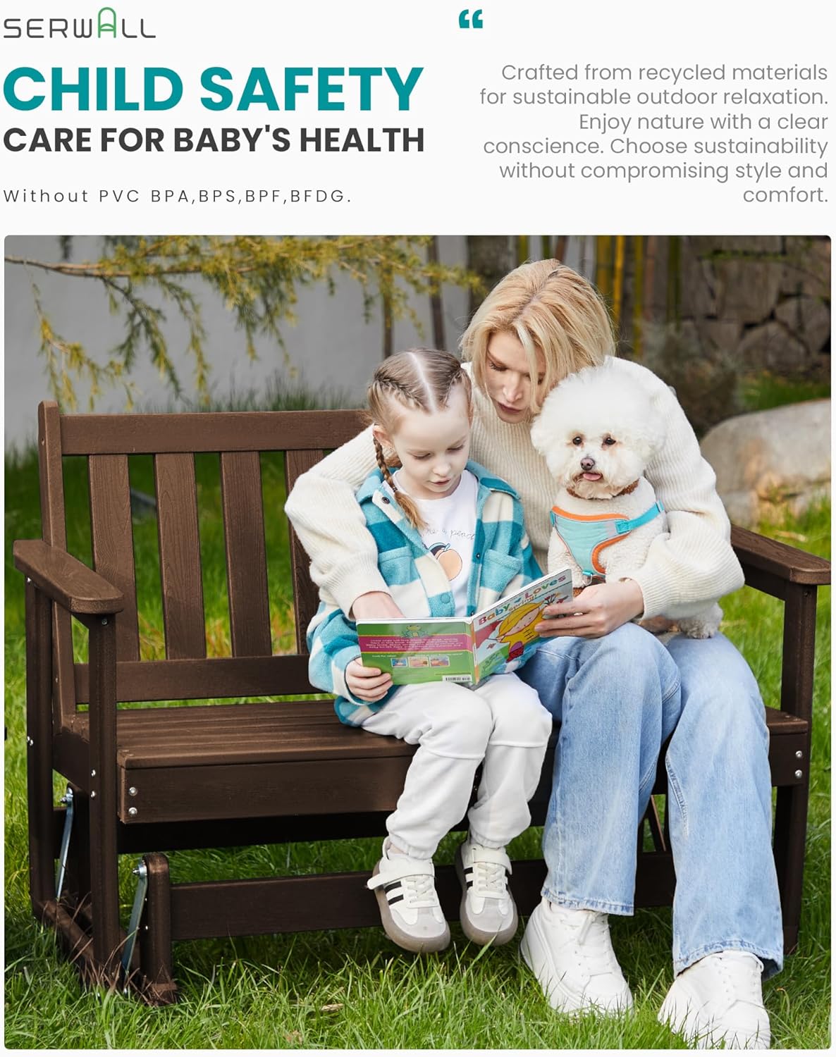 SERWALL Outdoor Glider Bench Set of 2, HDPE Weather-Resistant Swinging Bench for Backyard Garden Porch, Brown