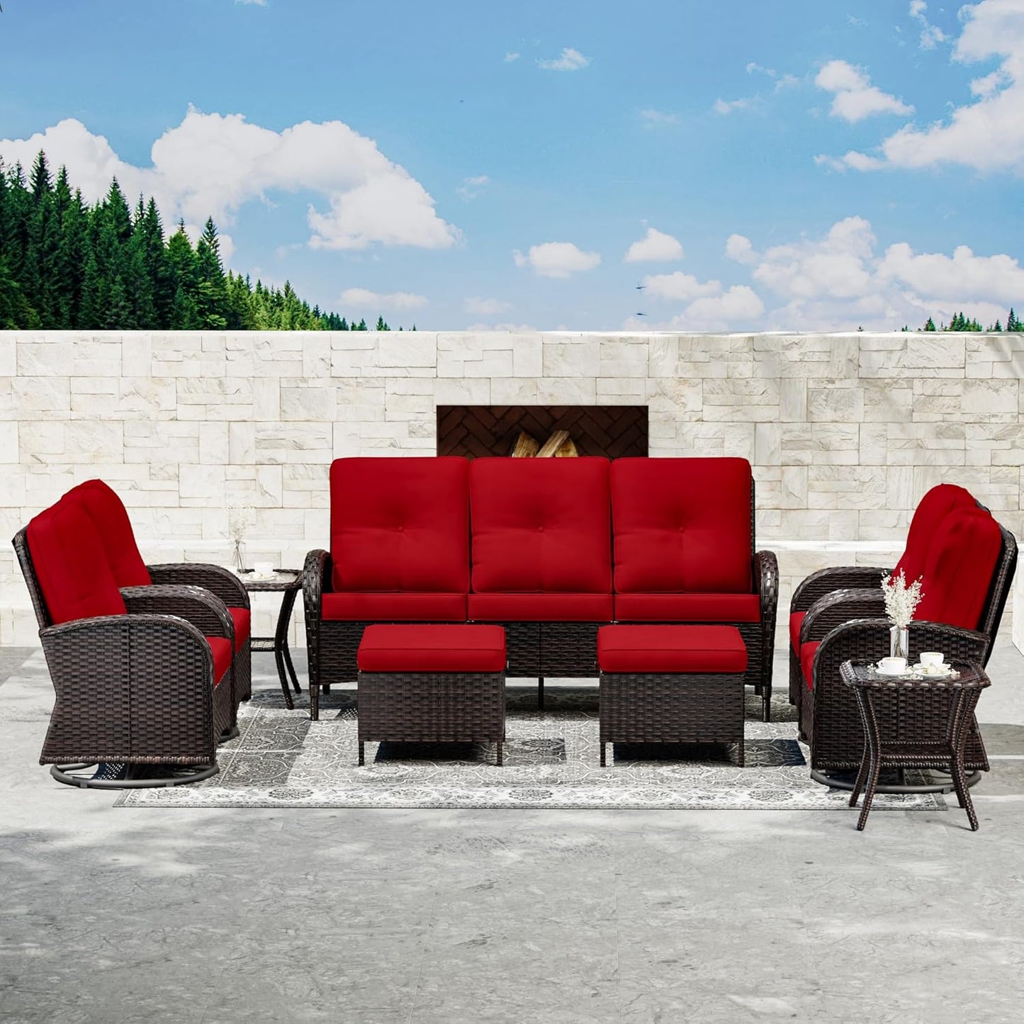 Joyside 9 Piece Patio Furniture Set, Outdoor Wicker Conversation Sets with Swivel Rocker Chairs and Sofa, Thick Cushion, Rattan Patio Sectional for Porch, Deck Use (Brown/Red, 9 PCS)