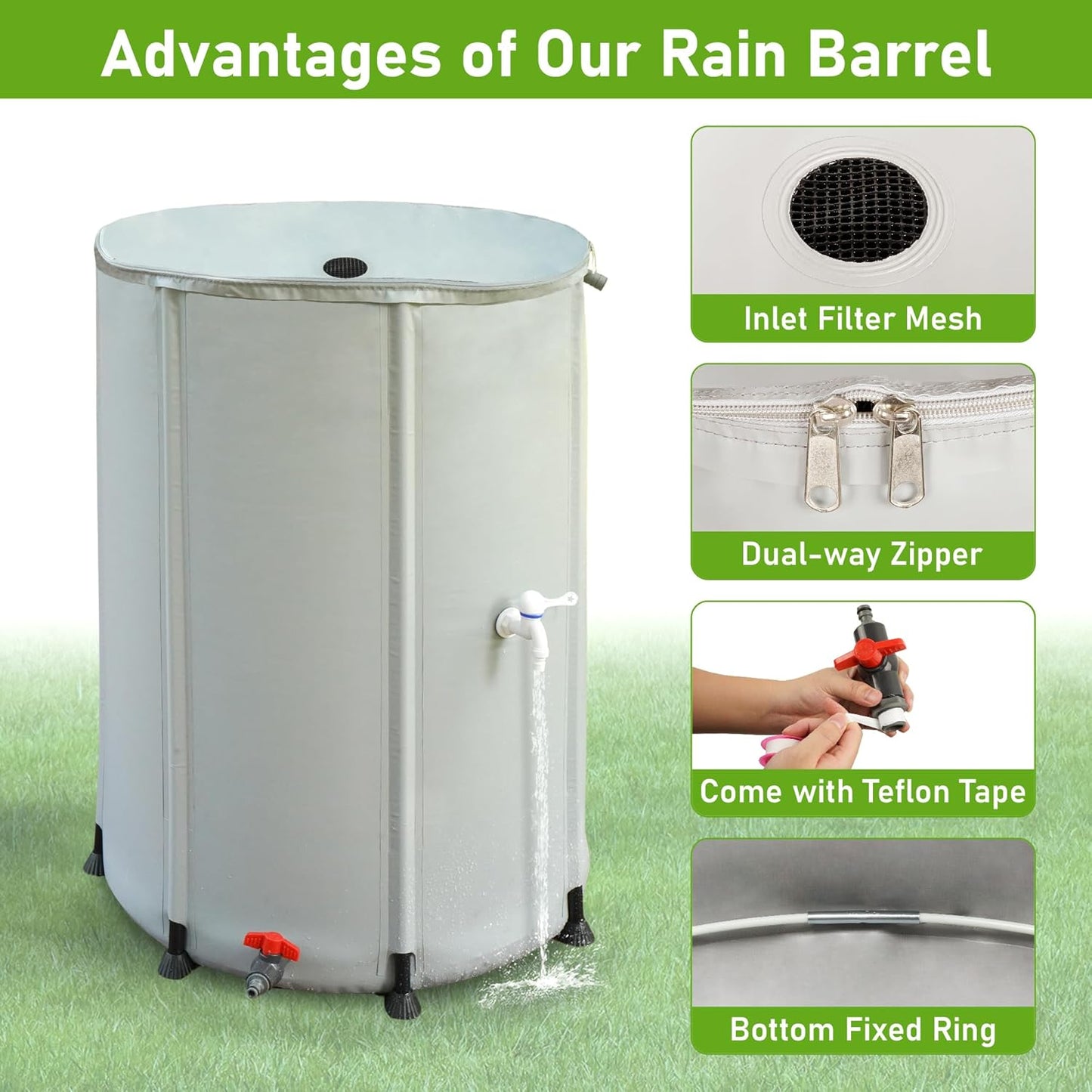 lukar 100 Gallon Collapsible Rain Water Collection Barrel, Foldable Rain Barrel to Collect Rainwater, Portable Rainwater Collection System with Filter, Spigot, Overflow, Teflon Tape, Fixed Ring