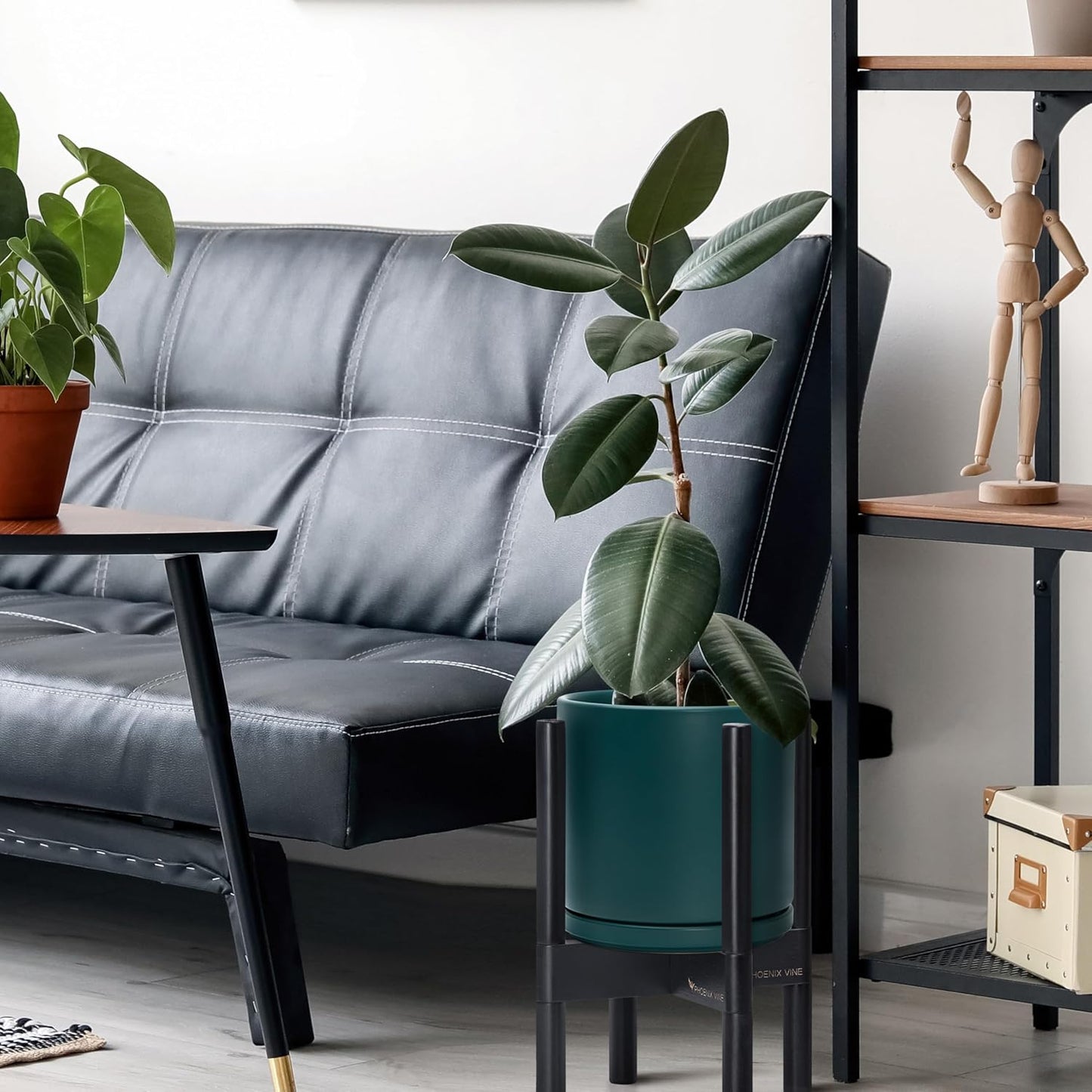 D'vine Dev Ceramic Planter with Ebony Stand - 10 Inch Modern Round Flower Pot with Wood Planter Holder, Teal, 55-B-L-4