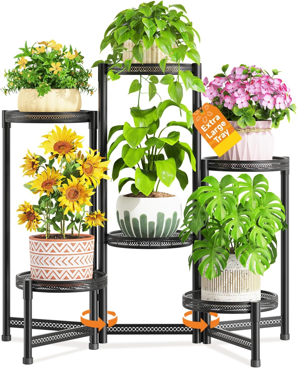 LASZOLA 6 Tiered Folding Tall Plant Stand for Indoor Outdoor Corner, Larger Heavy Duty Metal Adjustable Multiple Rack with 10 Inch Wide Hollow Tray, Flower Planter Holder for Modern House Patio, Black