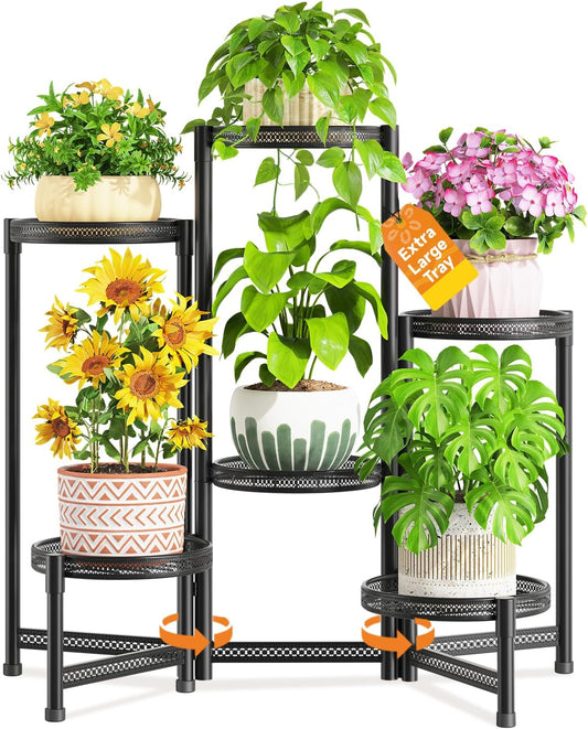 LASZOLA 6 Tiered Folding Tall Plant Stand for Indoor Outdoor Corner, Larger Heavy Duty Metal Adjustable Multiple Rack with 10 Inch Wide Hollow Tray, Flower Planter Holder for Modern House Patio, Black