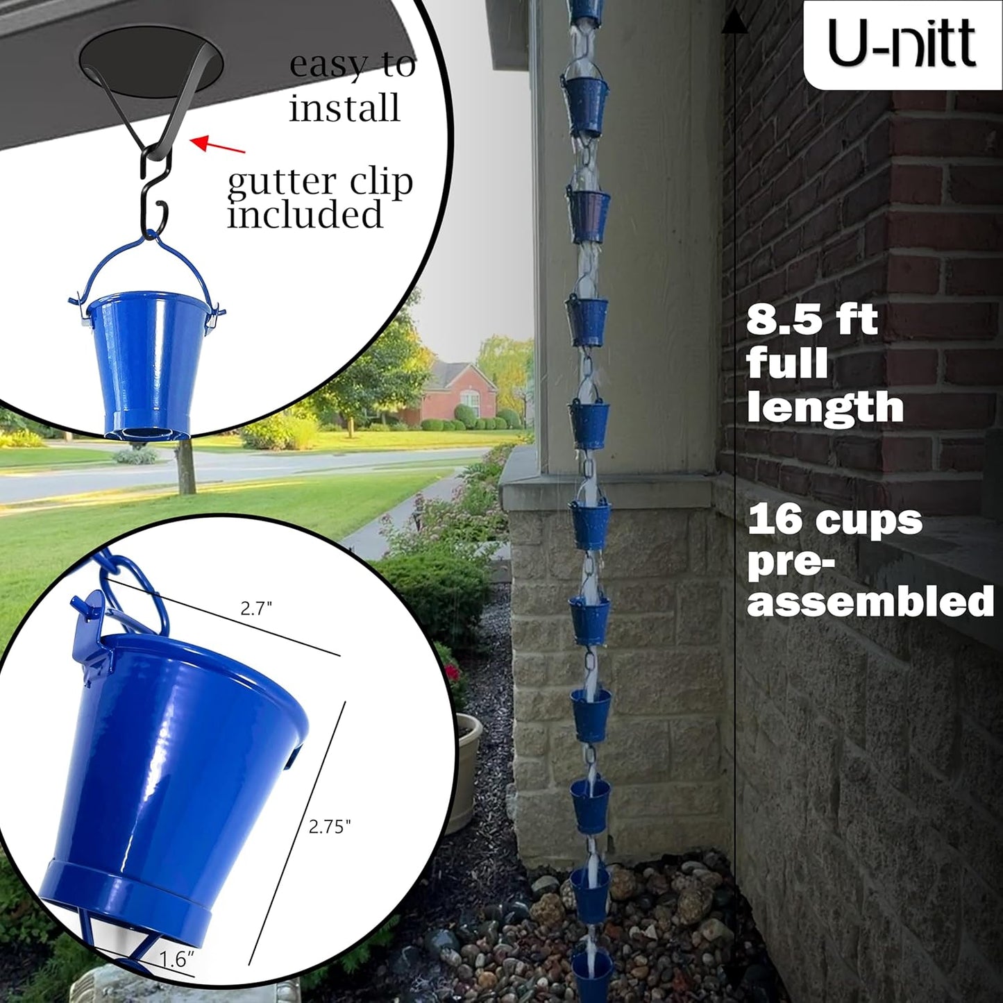 U-nitt Rain Chain Water Collection for Gutters, Rainwater Catcher & Diverter, 8.5 FT Chains for Outside Garden, Blue Bucket Cups, Roof Downspout, Works with Heavy Rain, w/Gutter Clip for Rainchains