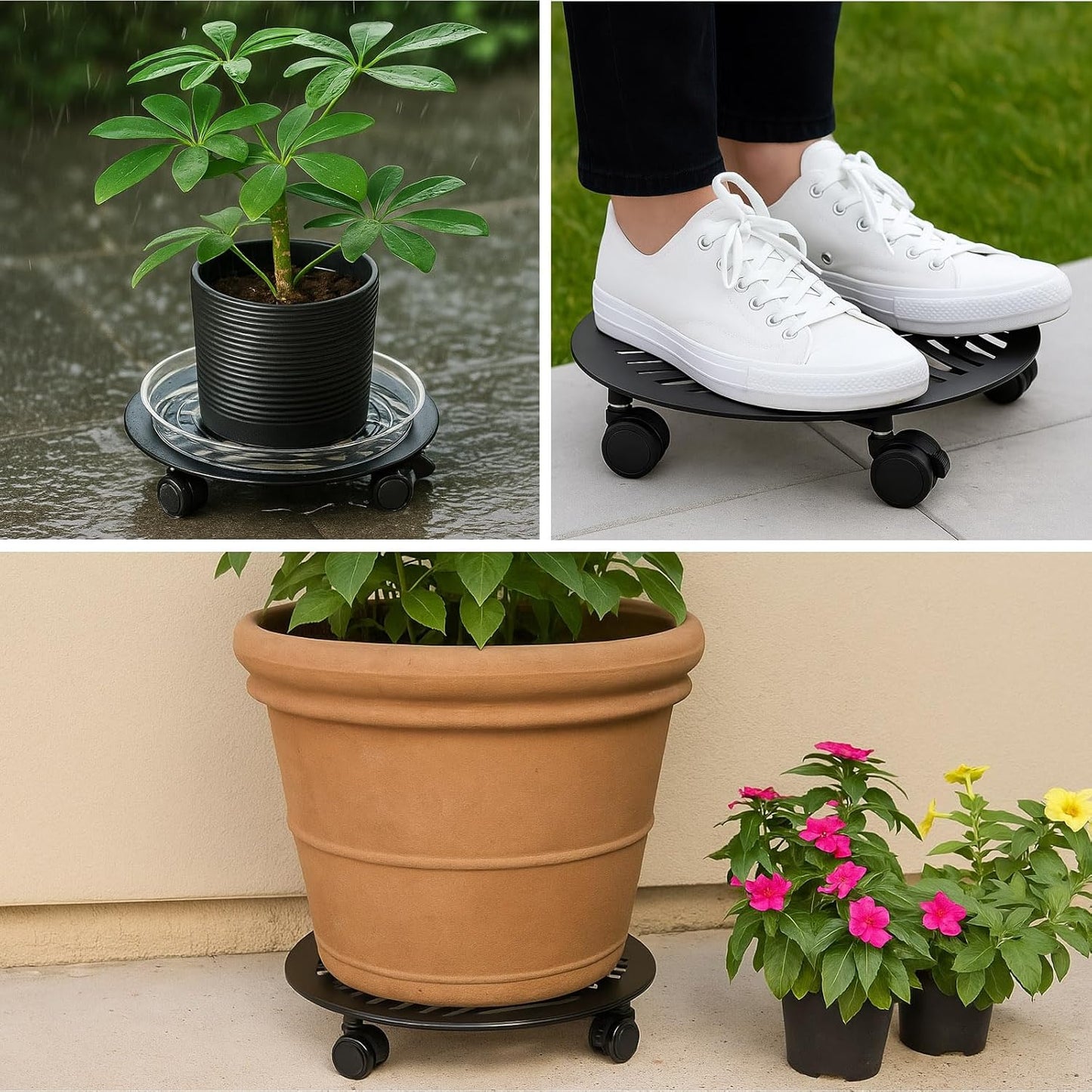 2 Packs Large Metal Plant Caddy with PU Wheels 13" Heavy-Duty Wrought Iron Rolling Plant Stands Indoor Outdoor Wheeled Plant Dolly Planter Mover Rollers Plant, Leaf Style