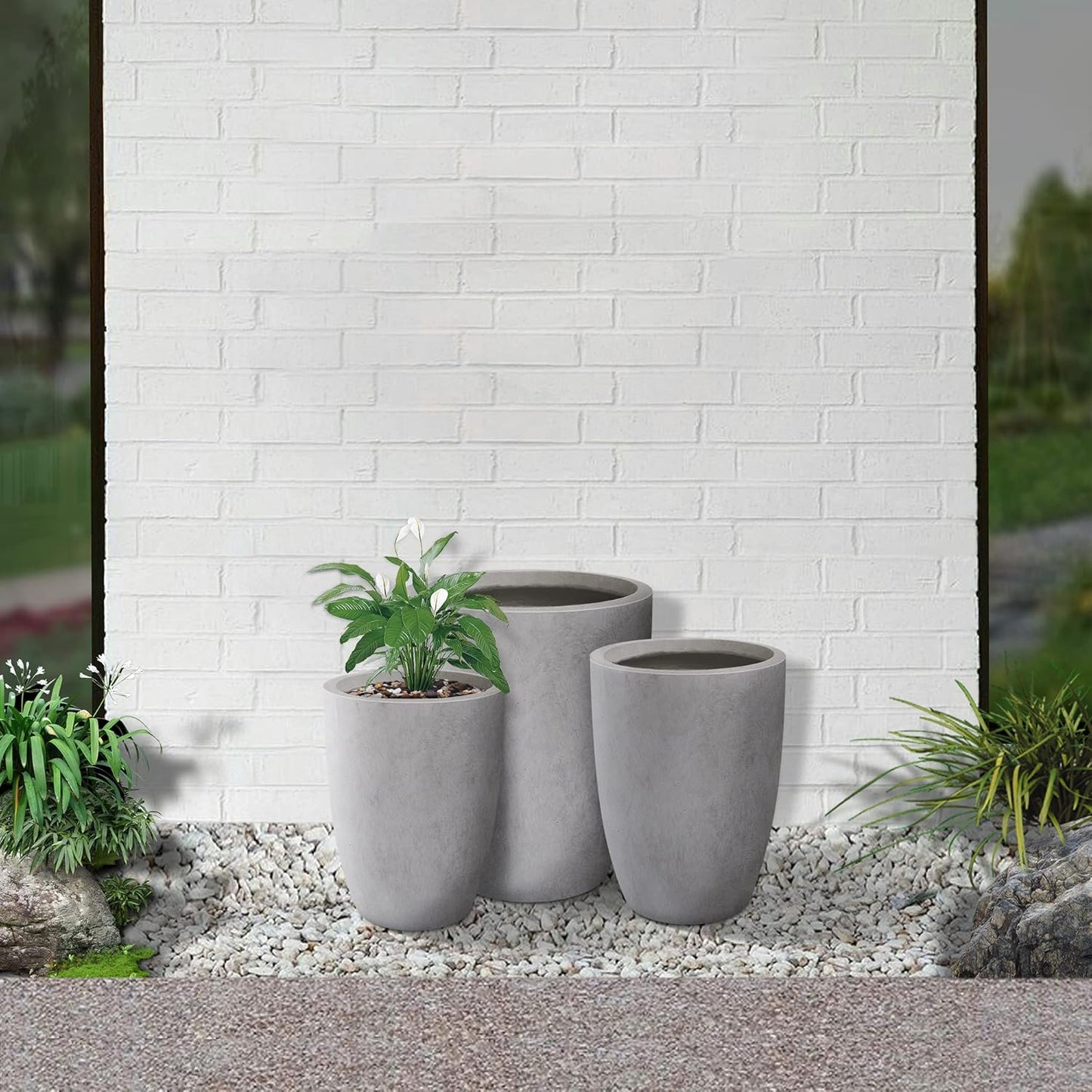 Kante 18.1",20.5",22.4" H Tall Round Concrete Planters Set of 3, Outdoor Indoor Modern Decorative Plant Pots with Drainage Hole & Rubber Plug for Home & Garden Natural Concrete