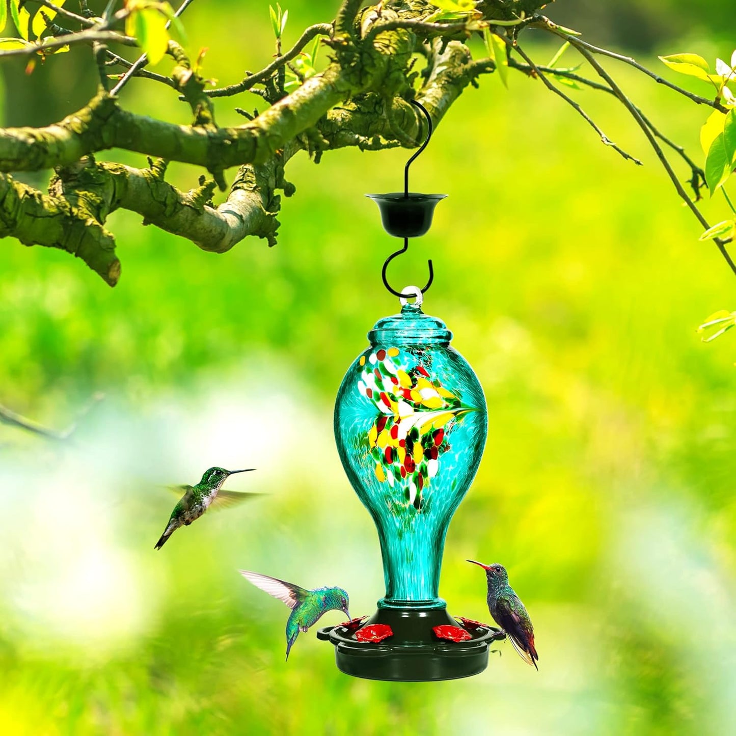 LUJII Hummingbird Feeder for Outdoors, Hand Blown Glass Humming Bird Feeder, Anti Fade Leakproof with 25 Ounces Nectar Capacity, Easy to Install Clean Refill, Include Hook & Ant Moat (Teal)