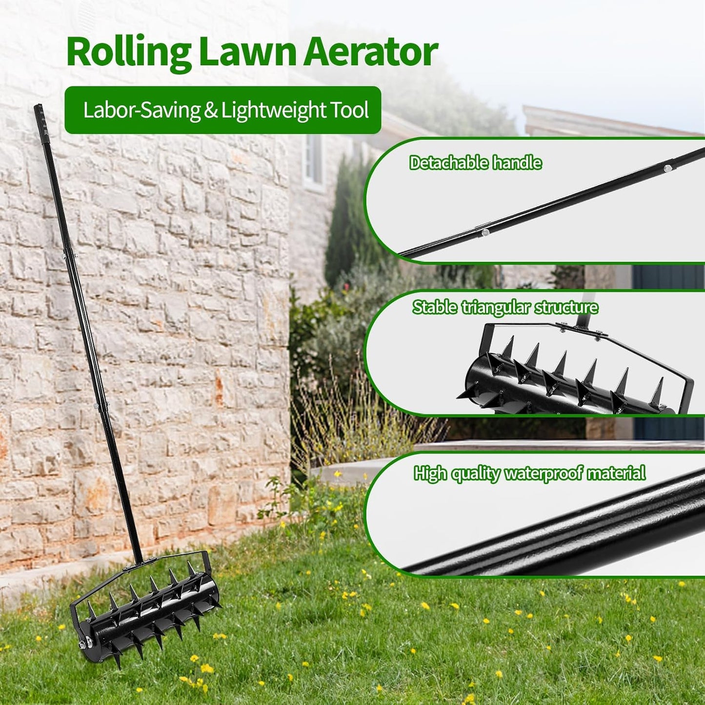 Rolling Lawn Aerator, 18 Inch Manual Aerator Lawn Tool Aerator Lawn Soil Penetrator with 50 Inch Handle, Lawn Aerator Roller for Garden Yard