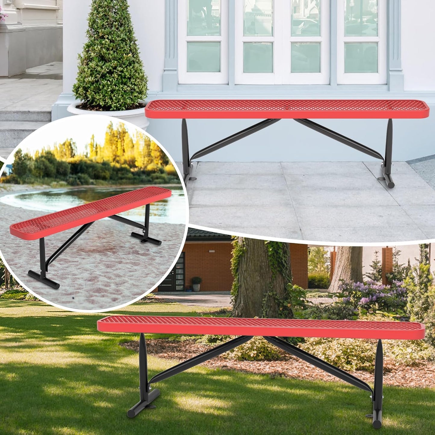 48" L Outdoor Steel Flat Bench, Heavy Duty Metal Park Bench for Outside, Expanded Metal, Commercial Benches Mesh Bench for Shopping Mall, Store, Lawn, Park, Patio, Deck, Garden (Red, 6FT)