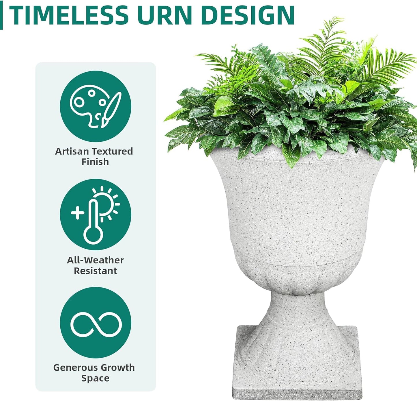 22" H Urn Tall Planters, 2-Pack Large Flower Pots for Indoor Outdoor Use, Elegant White Terrazzo Weather-Resistant Pot Containers for Garden Patio Yard Balcony Entryway or Home Décor, KD Base