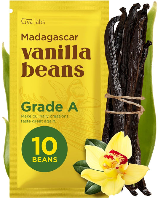 Gya Labs 10 Madagascar Vanilla Beans for Making Vanilla Extract, Baking - Grade A - 5-7 Inches (12 to 15 CM) long, Caviar Rich, Flavorful Fresh Pods
