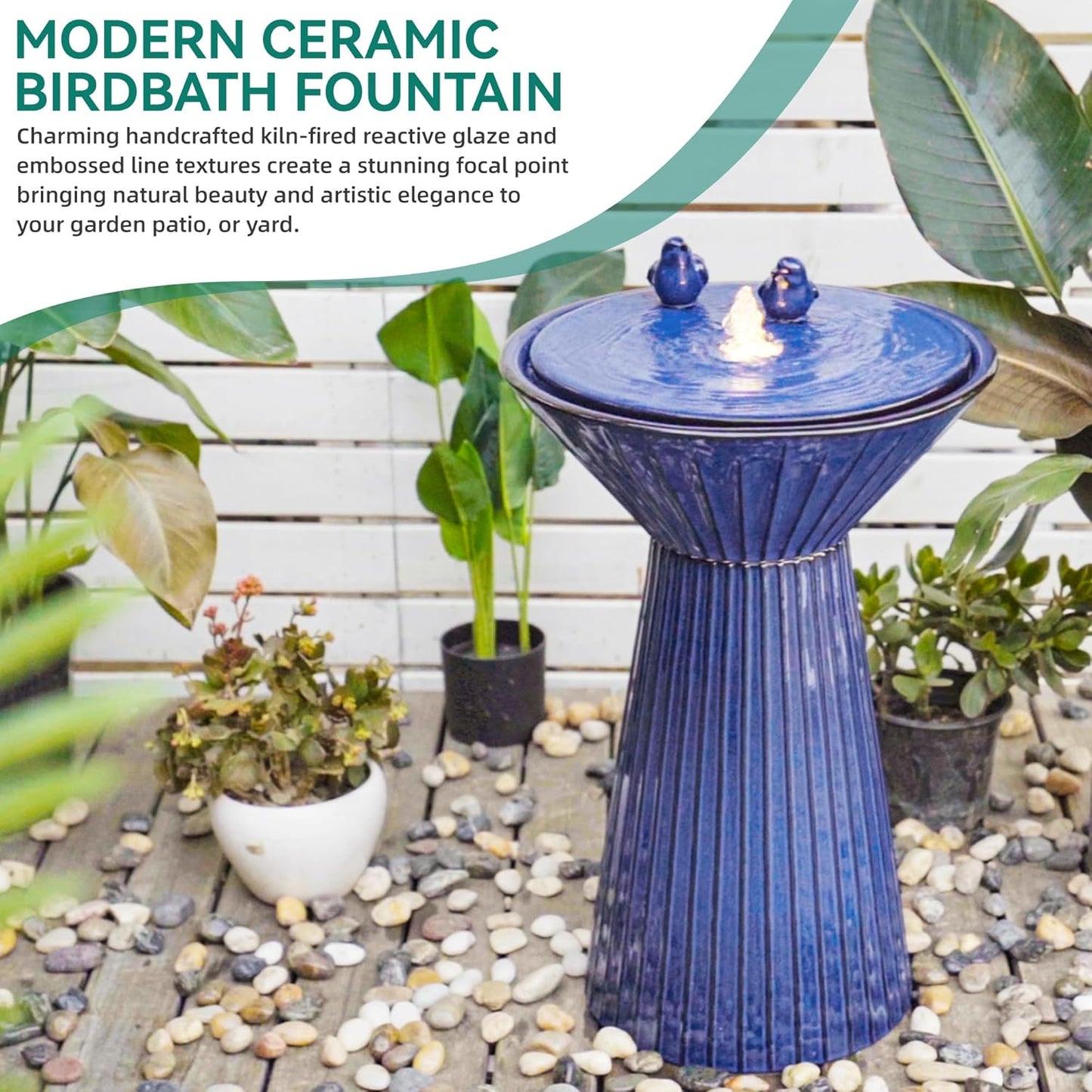 Autodaya 28" H Ceramic Birdbath Outdoor Fountain with LED Lights, Bird Accents & Fluted Texture, Bubbling Water Feature for Garden, Patio, Yard or Porch – Creates a Tranquil Oasis for Relaxation.