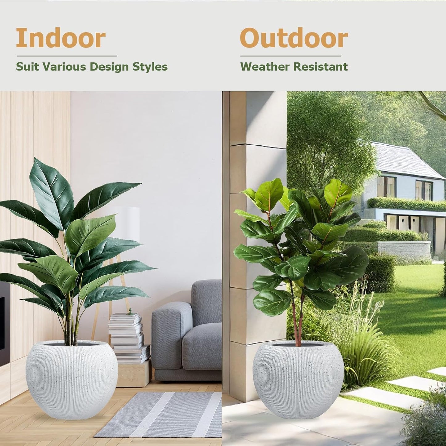 12.8"H x 16"D Globo Fiberstone Round Planter with Drainage Hole, Weather Resistant, Ribbed Finish, Planters for Indoor Plants & Outdoor, 2 Extra Coco Mats (Speckled White, 10.7" Pot Opening)