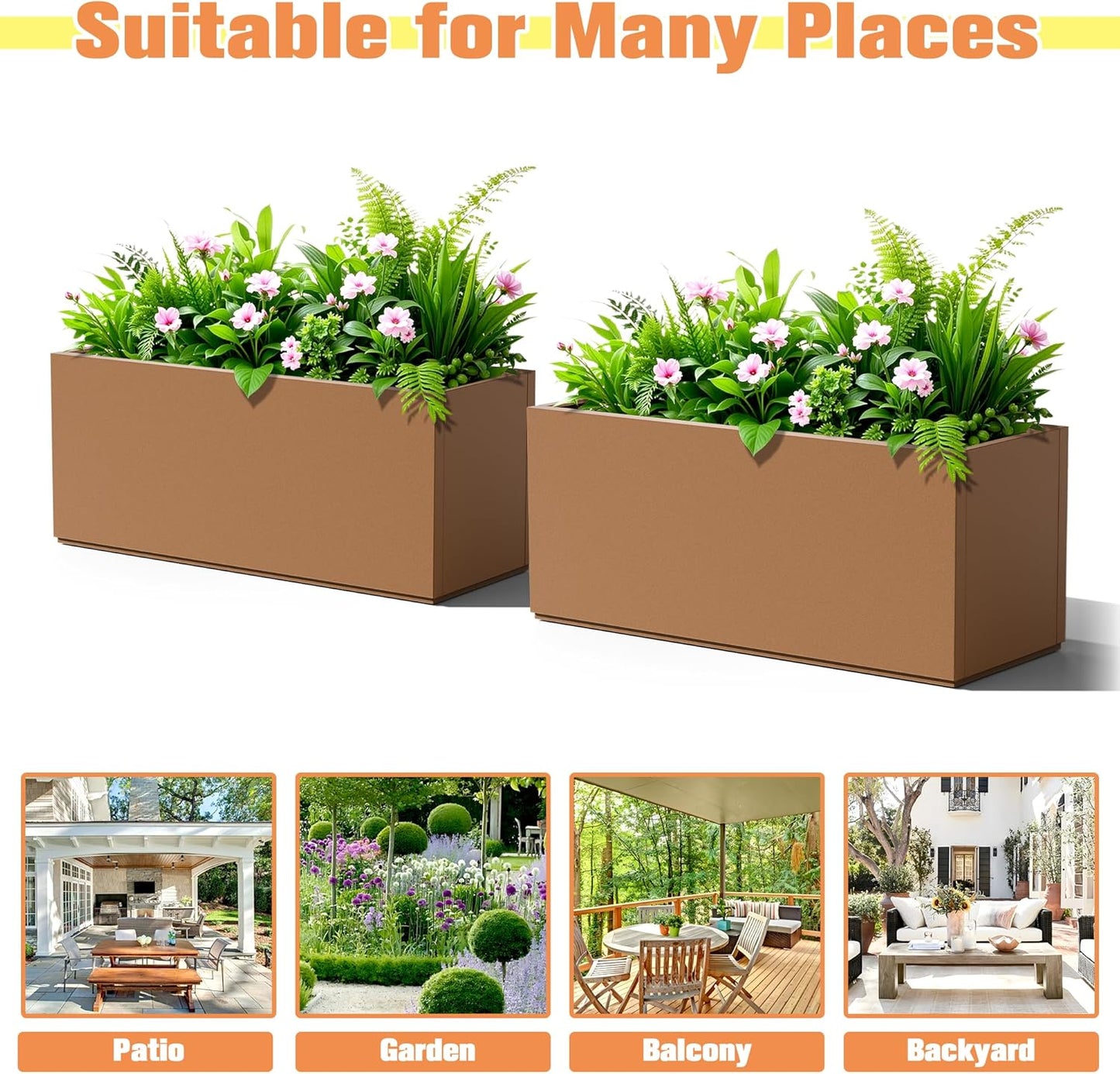 Rectangle Planter for Indoor & Outdoor, Tall and Long Planter Boxes with Drainage Holes, Mental Planter Box All-Weather Use for Plants, Flowers, 38" L x 15" W x 16.3" H, Brown