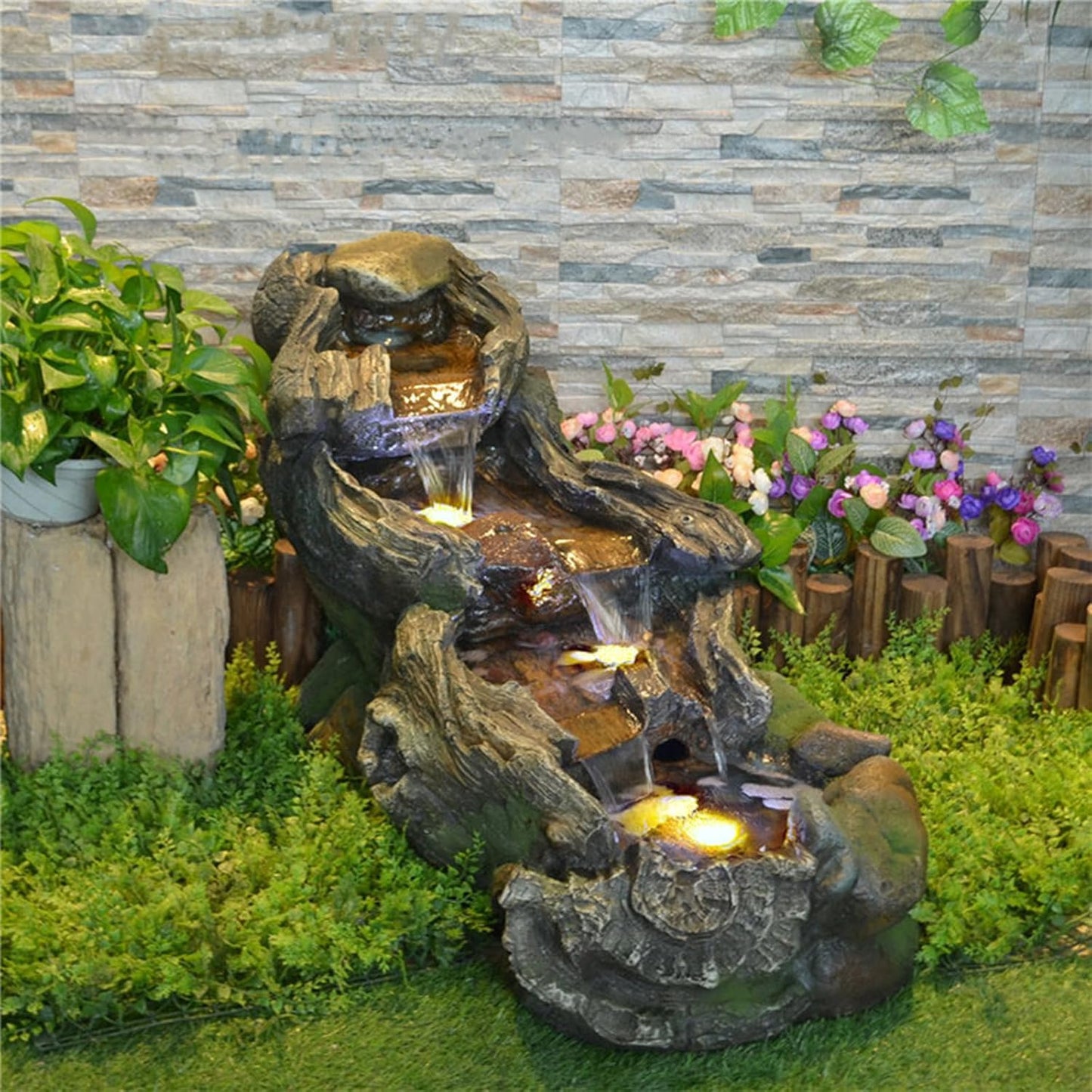 Garden Outdoor Water Fountain - 42.1 Inches Cascading Tiered Wood River Outdoor Fountain with LED Lights and Pumps for Garden, Patio, Backyard, Deck, Porch, Pond and Home Art Decor