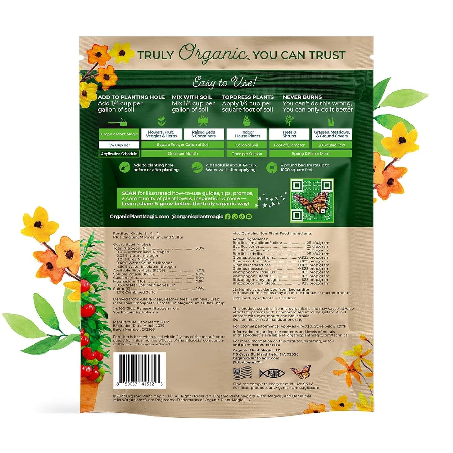 Organic Plant Magic - Truly Organic™ Slow Release Granular Fertilizer: Long-Lasting Plant Food Granules - Indoor & Outdoor Flowers, Vegetable Gardens, Fruit Trees, Shrubs, House Plants (Two 4 lb Bags)