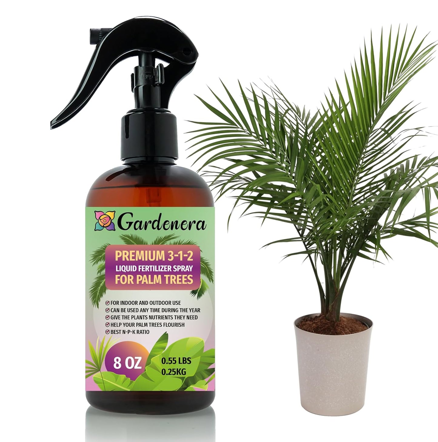 Professional Palm Tree Spray Fertilizer Mist for Home Gardening | 3-1-2 Gentle Blend Mist for Healthy Leaves & Growth | Essential Nutrients for Palm Trees - 8oz