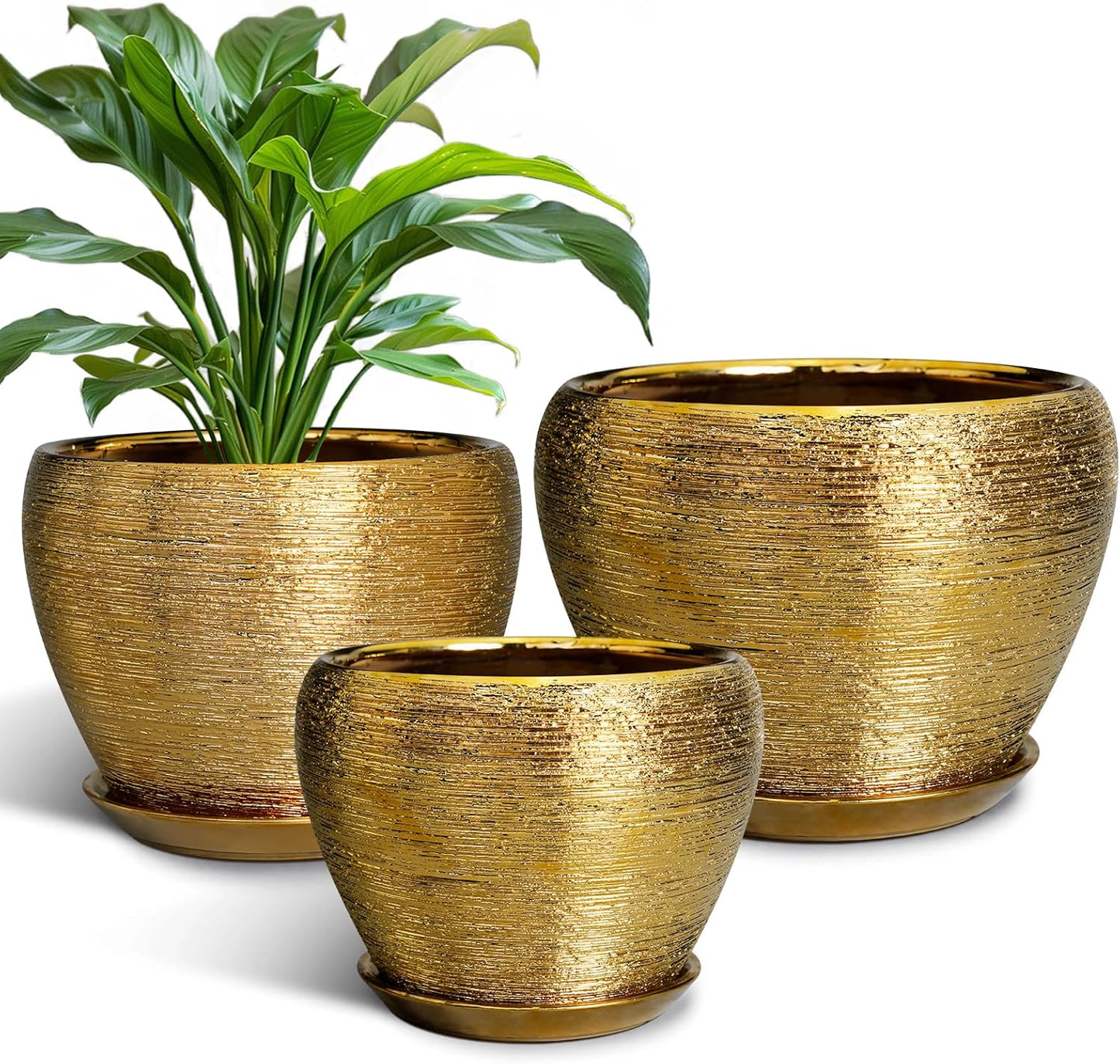 Flower Pots for Indoor & Outdoor Plants - Ceramic Pots 10 Inch, 8 Inch, 6 Inch with Drainage Holes, Saucers - Decorative Large Planters Set of 3 Gold