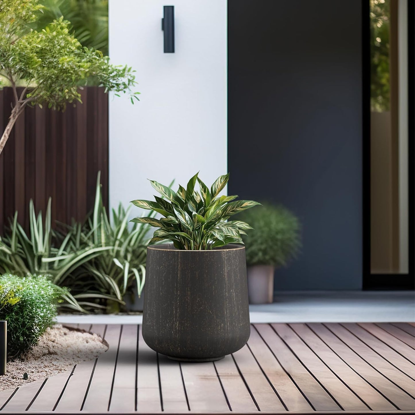 Kante 11.6" Dia Round Concrete Planter, Outdoor Indoor Large Plant Pots Containers with Drainage Hole and Rubber Plug for Home Garden Patio, Oil Rubbed Bronze