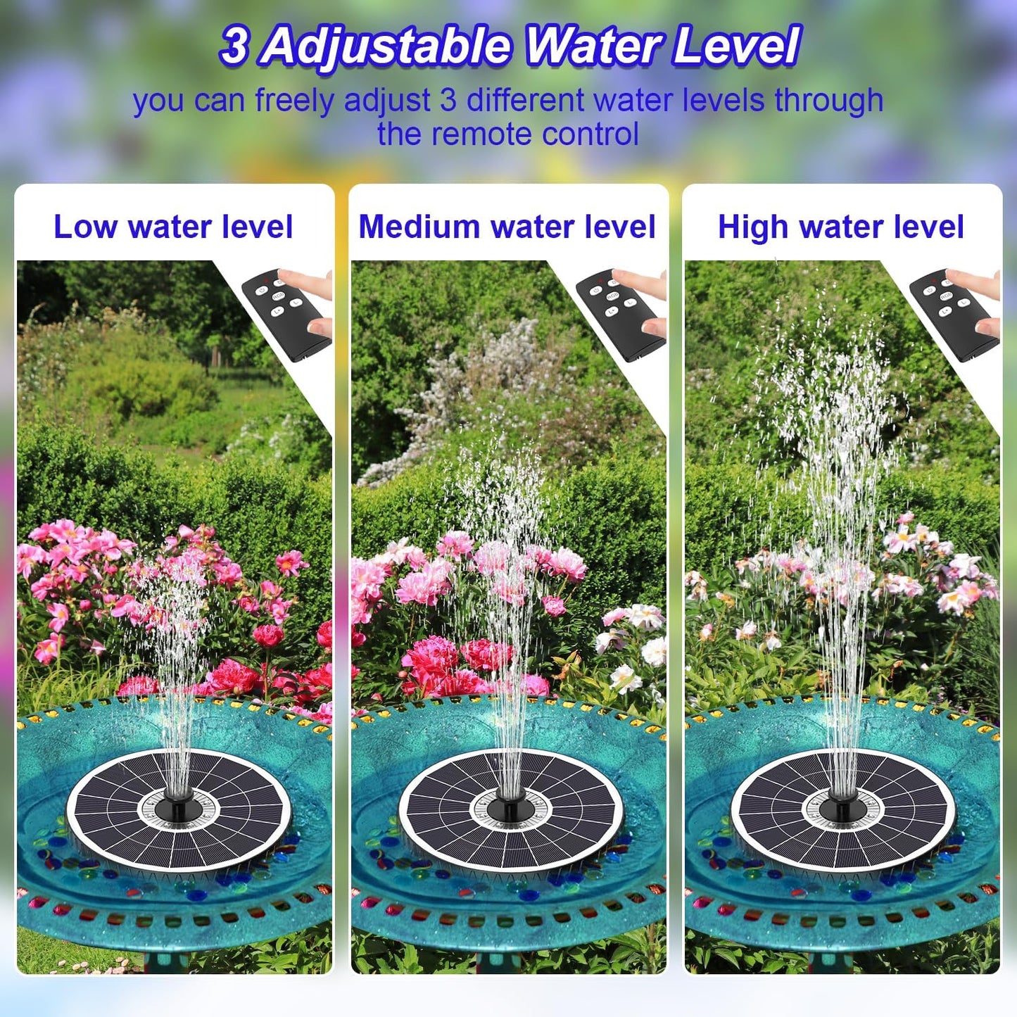 SZMP Solar Fountain 2025 Upgraded, 6W Remote Bird Bath Fountain, 4000mAh Solar Water Fountain Pump with 7 Nozzles & 4 Fixers, Colorful Lights for Garden, Pond, Pool, Outdoor-Adjust Water Height