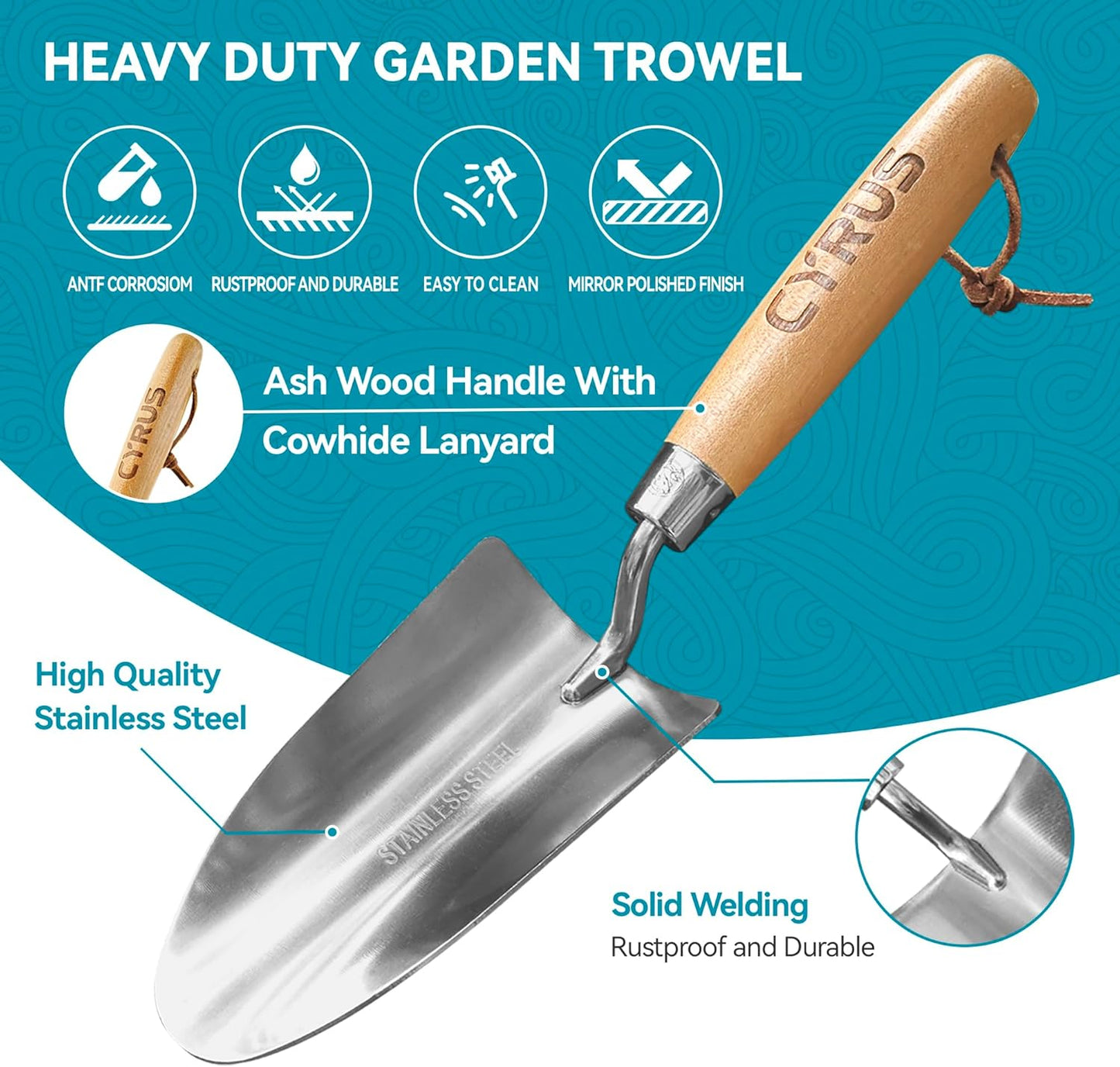 CYRUS 12.6”Garden Trowel,Heavy Duty Large Size Stainless Steel Garden Shovel with Ash Wood Handle,Suitable for Planting,Measuring,Weeding Multi-Functional Garden Spade
