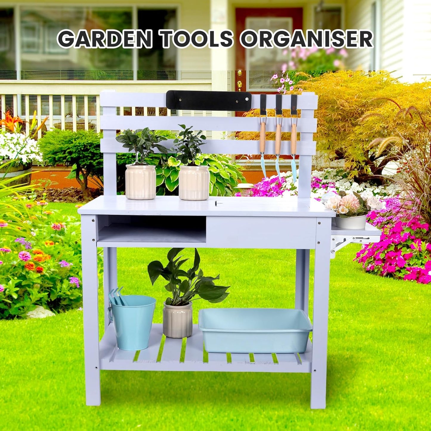 Potting Bench Outdoor Potting Table—All-Weather Kids Solid Wood Garden Work Station with Sink、Hooks、3Flower Pots, Weather Proof（Blue, Large）
