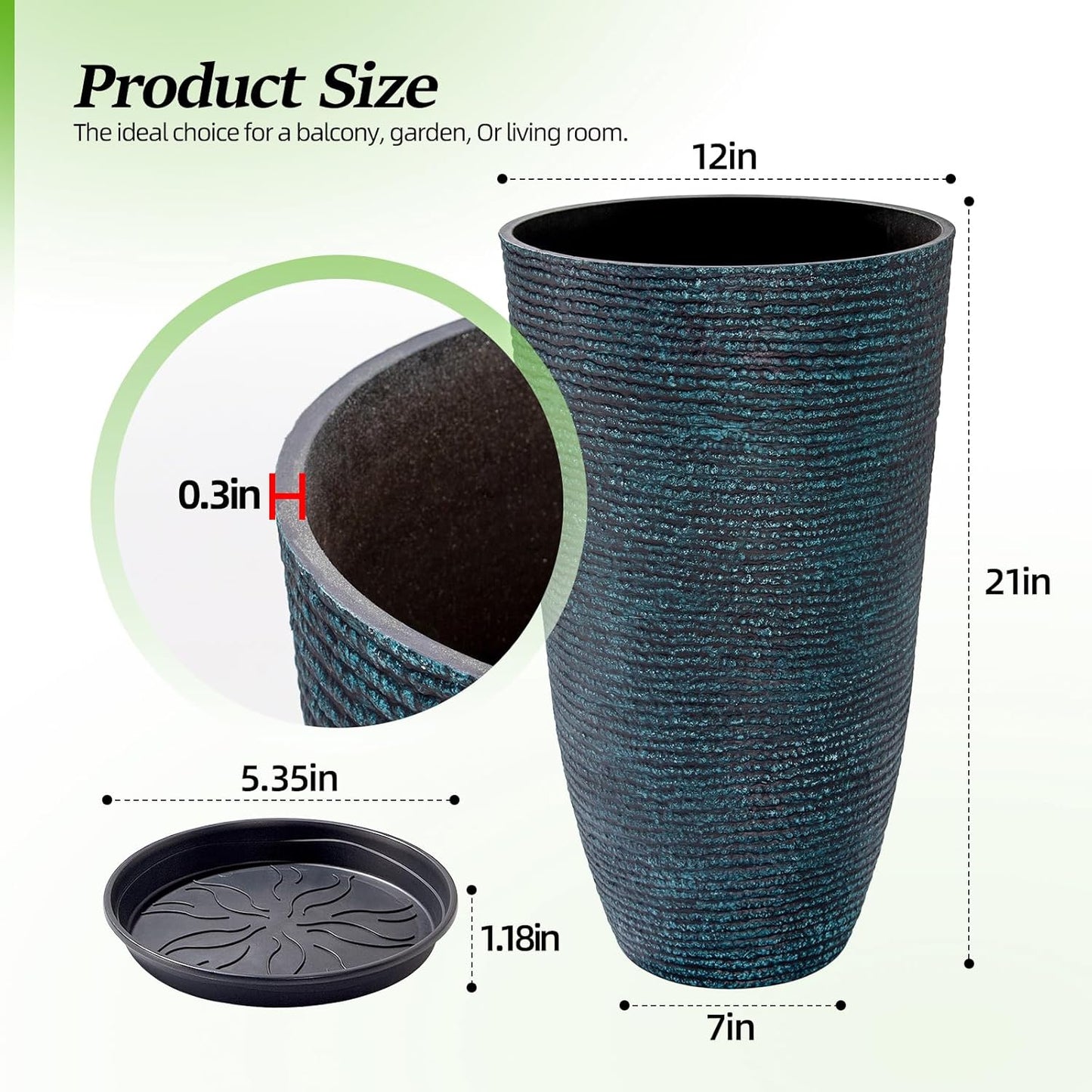 QCQHDU Large Tall Blue Planters with Saucer - 9 Gallon 12" Diameter x 21" H Faux Stone Round Pots for Indoor Plants, Outdoor Patio & Porch Decor, Heavy Duty Weatherproof Plant Containers