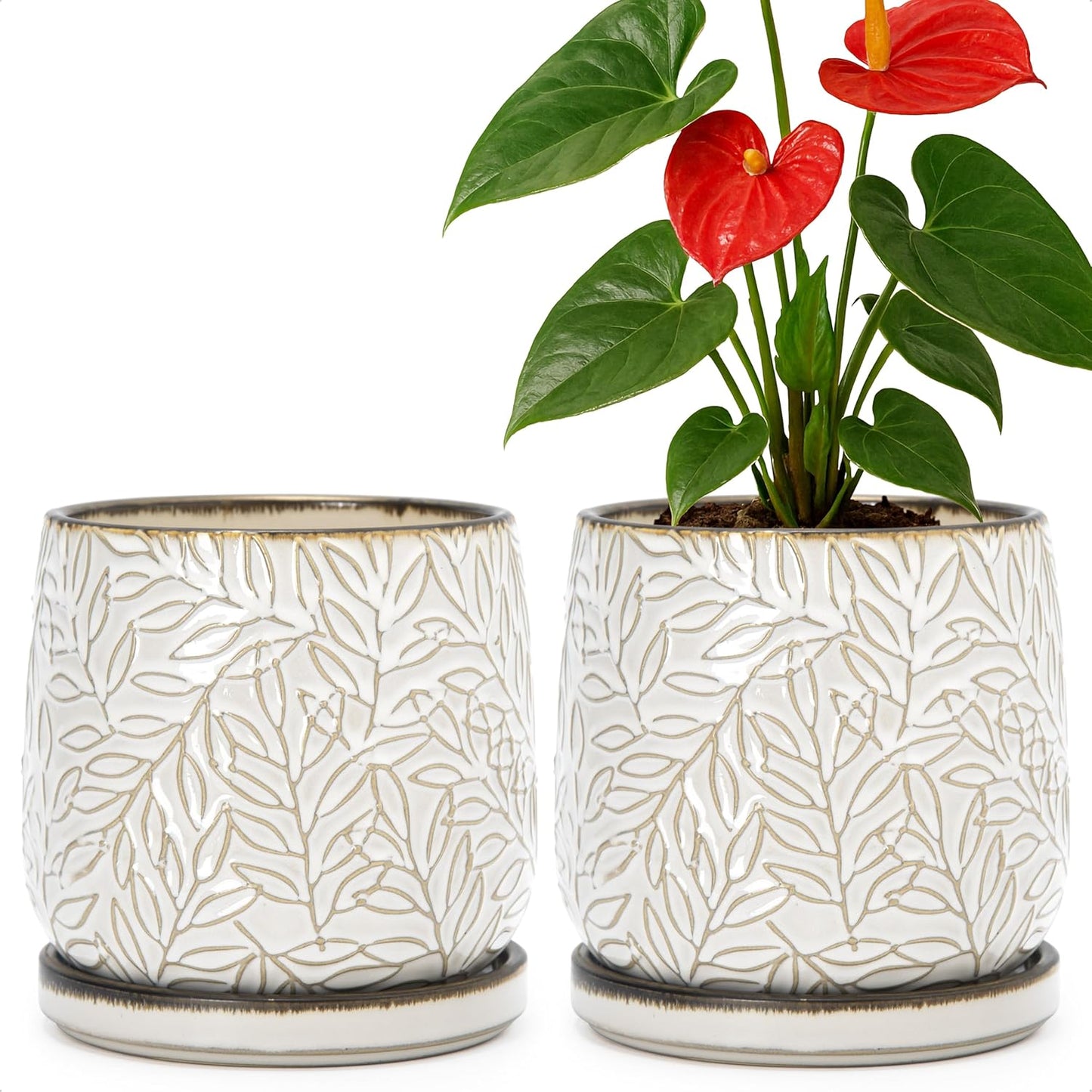D'vine Dev 6 Inch Embossed Leaves Stoneware Planter Pot with Drainage Hole and Saucer, Smoked White, Set of 2, 27-F-X-1