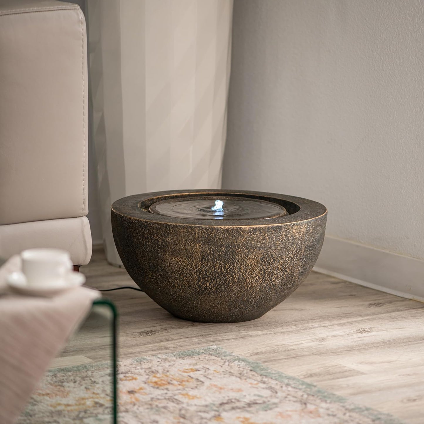 Xbrand 19.8" W Round Polyresin Indoor/Outdoor Sphere Water Fountain with LED Light, Garden/Patio Water Fountain Décor, Bronze